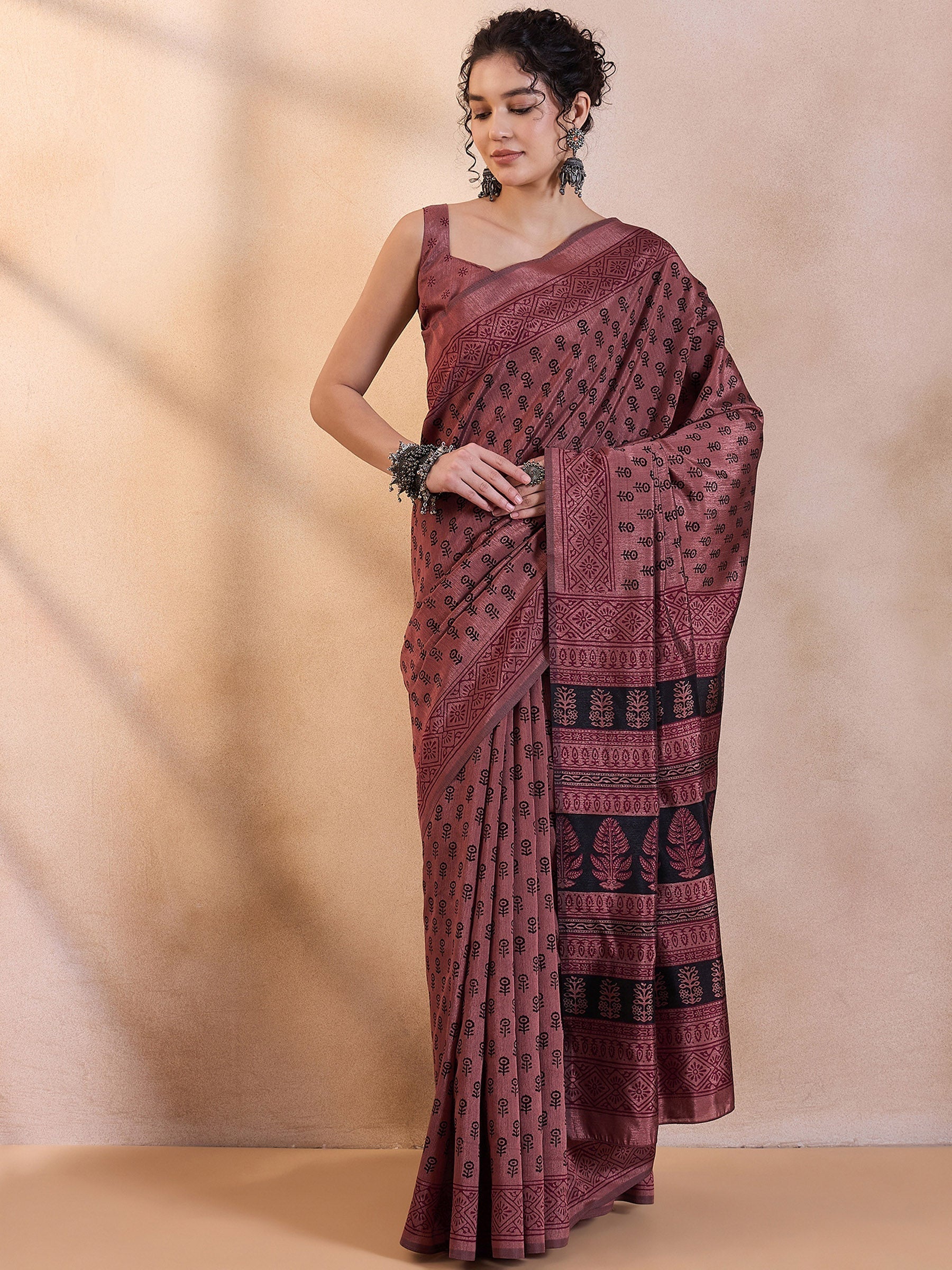 Au Chico Brown Printed Dola Silk Saree