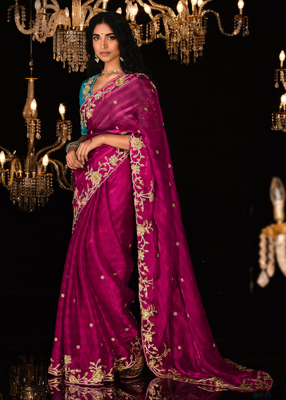 Paprika Pink Embroidered Designer Satin Silk Saree