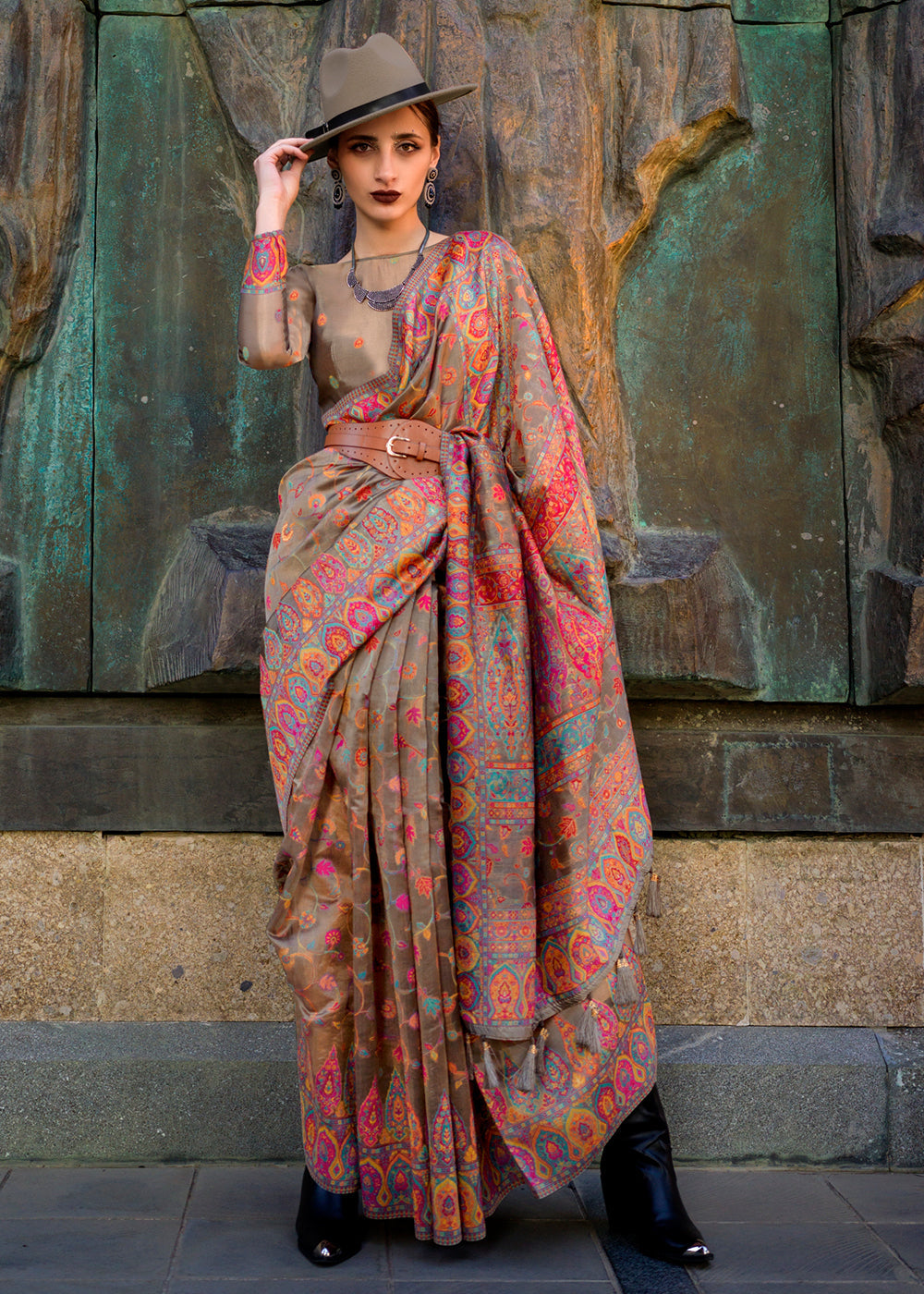 Cumin  Brown Jamawar Woven Organza Silk Saree