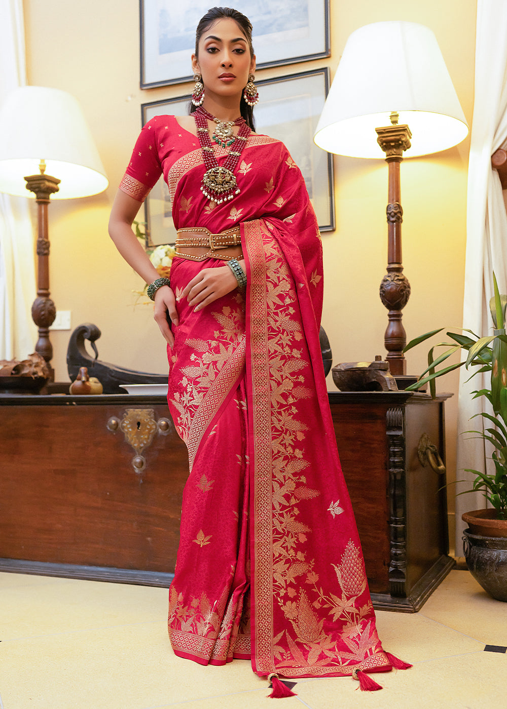 Cardinal Red Woven Satin Silk Saree