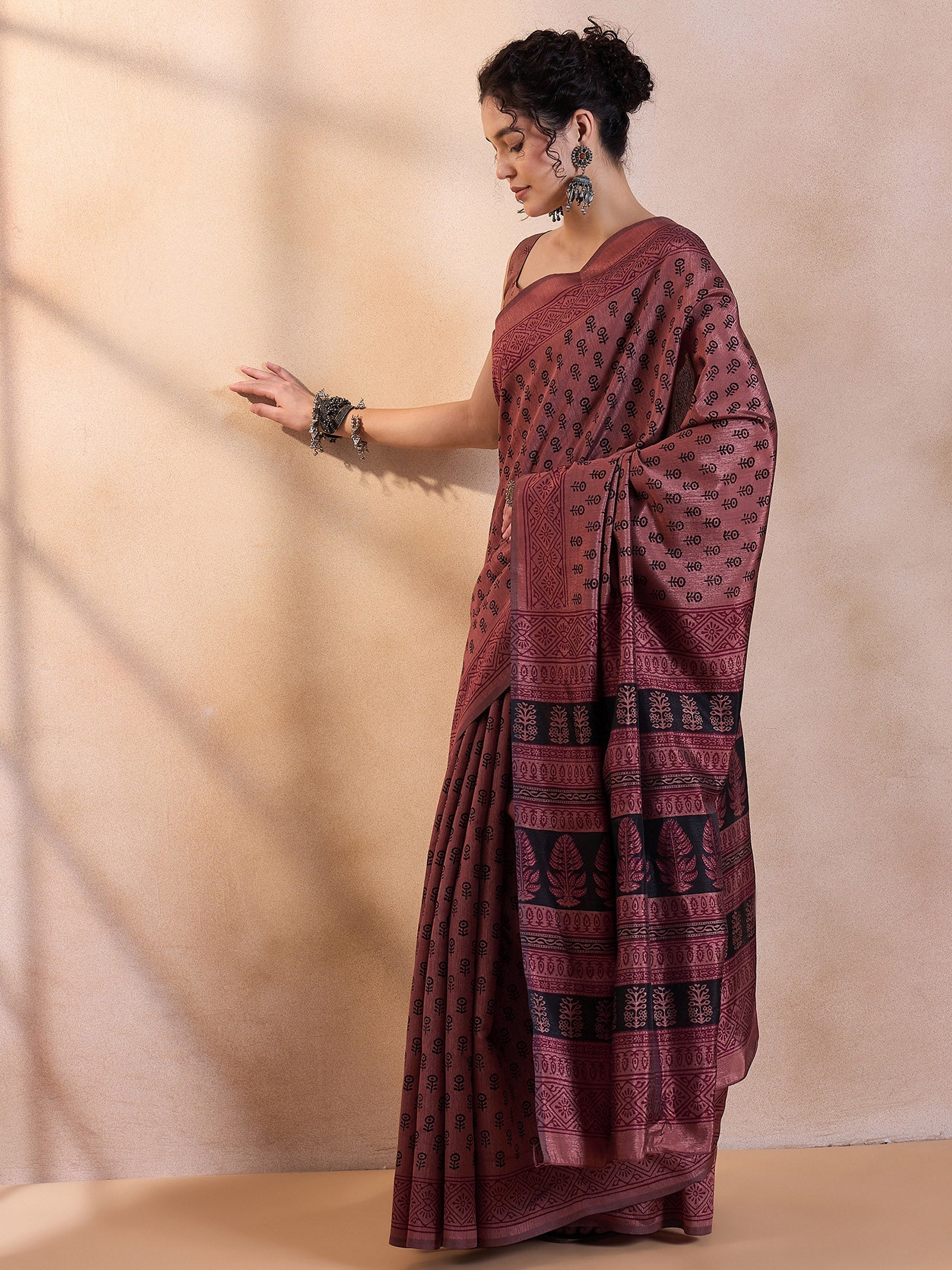 Au Chico Brown Printed Dola Silk Saree