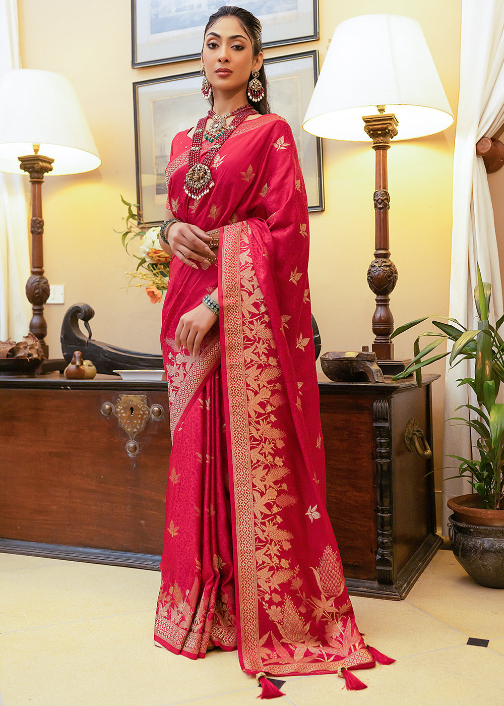 Cardinal Red Woven Satin Silk Saree