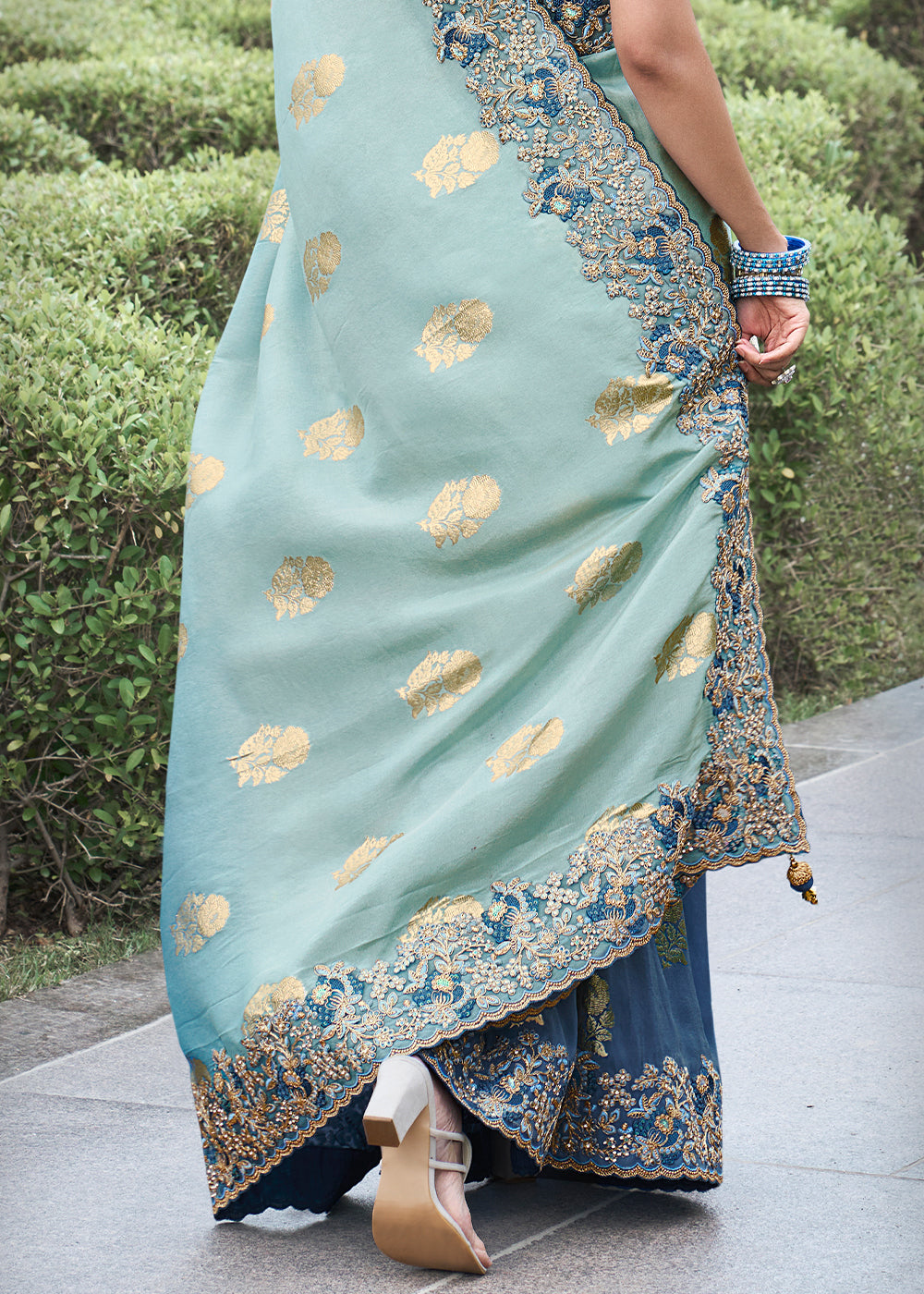 Celeste Blue Embroidered Designer Silk Saree