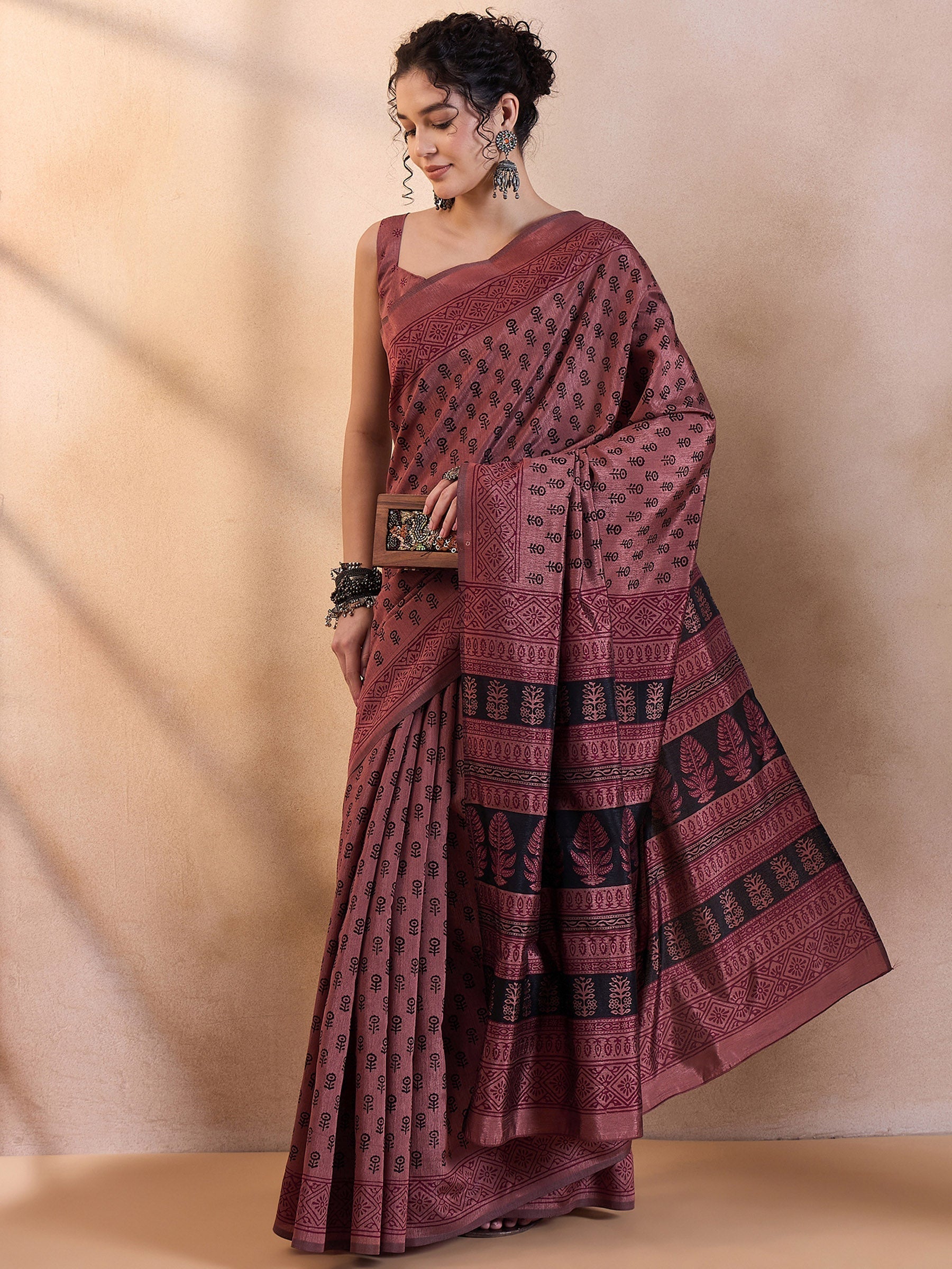 Au Chico Brown Printed Dola Silk Saree