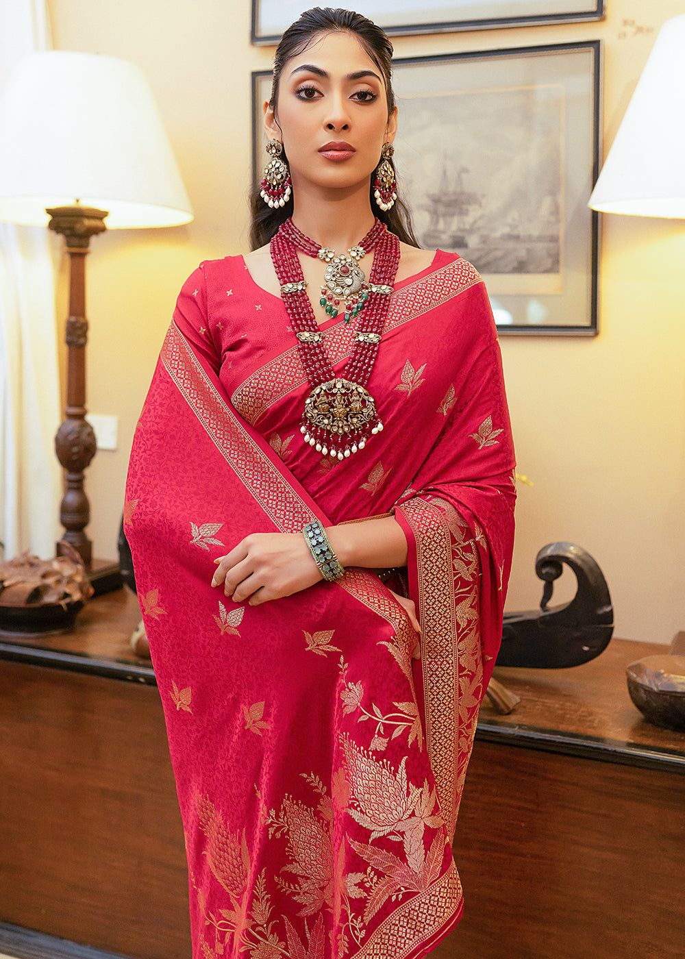 Cardinal Red Woven Satin Silk Saree