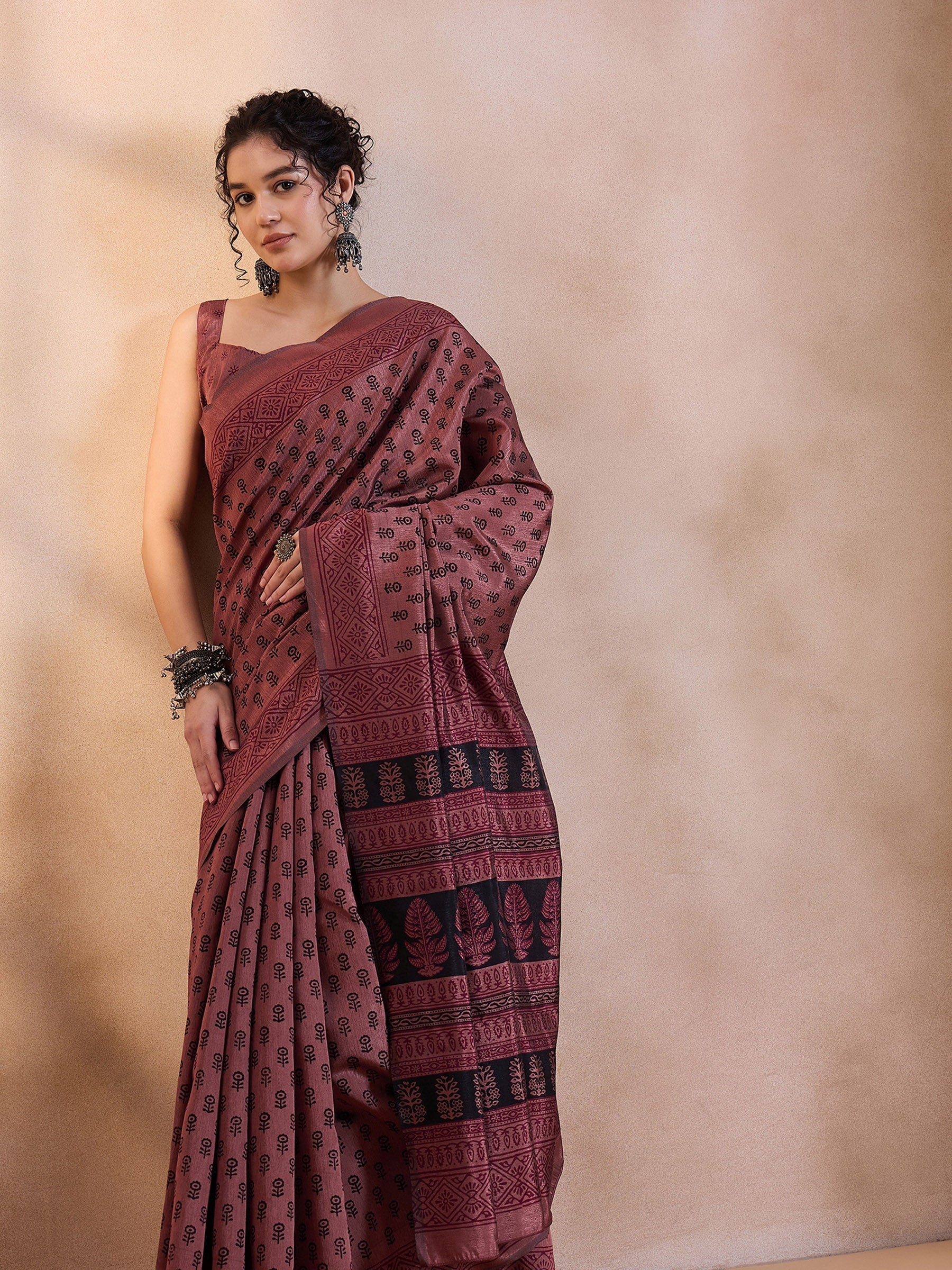 Au Chico Brown Printed Dola Silk Saree