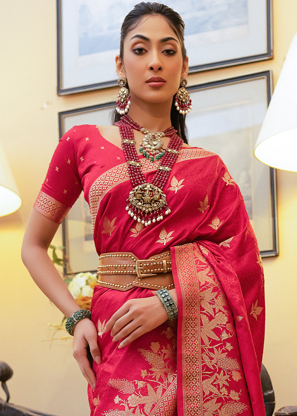 Cardinal Red Woven Satin Silk Saree