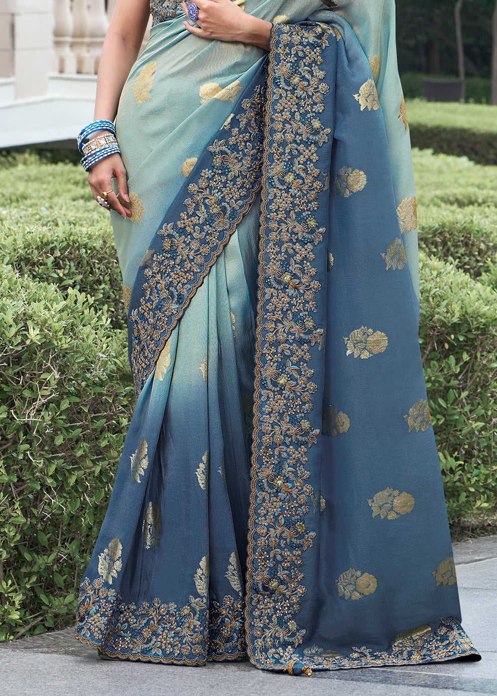 Celeste Blue Embroidered Designer Silk Saree