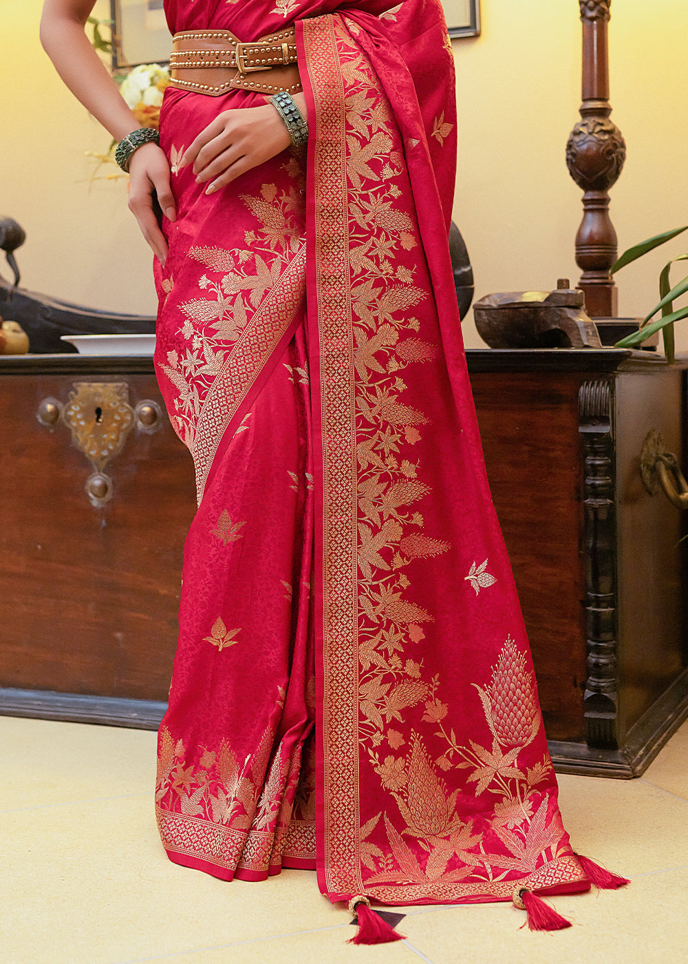 Cardinal Red Woven Satin Silk Saree