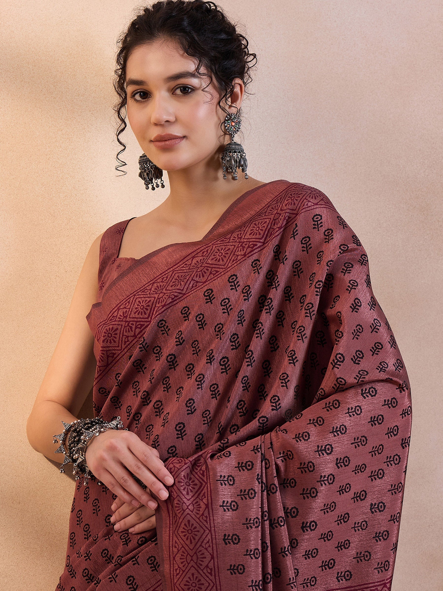 Au Chico Brown Printed Dola Silk Saree