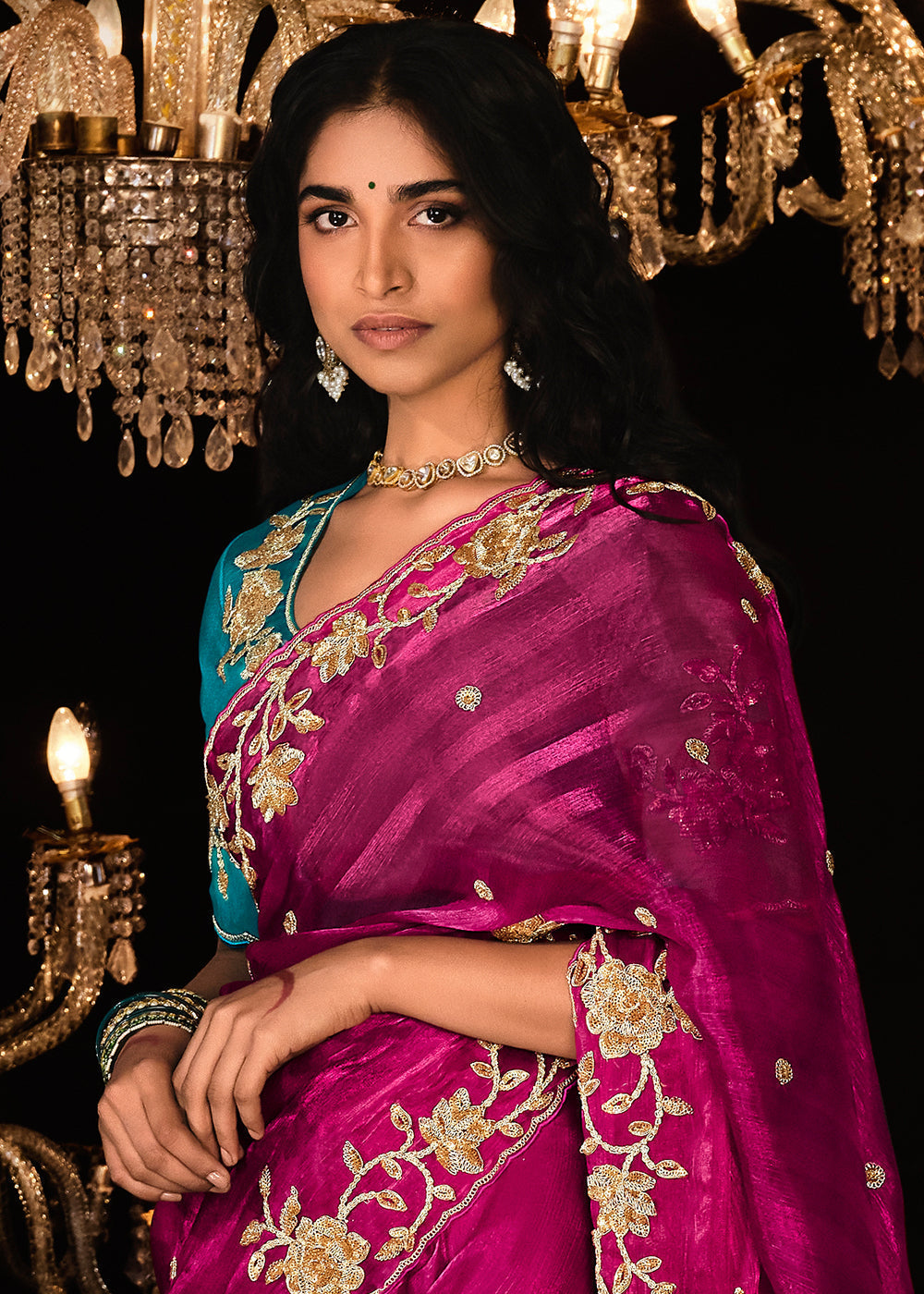 Paprika Pink Embroidered Designer Satin Silk Saree