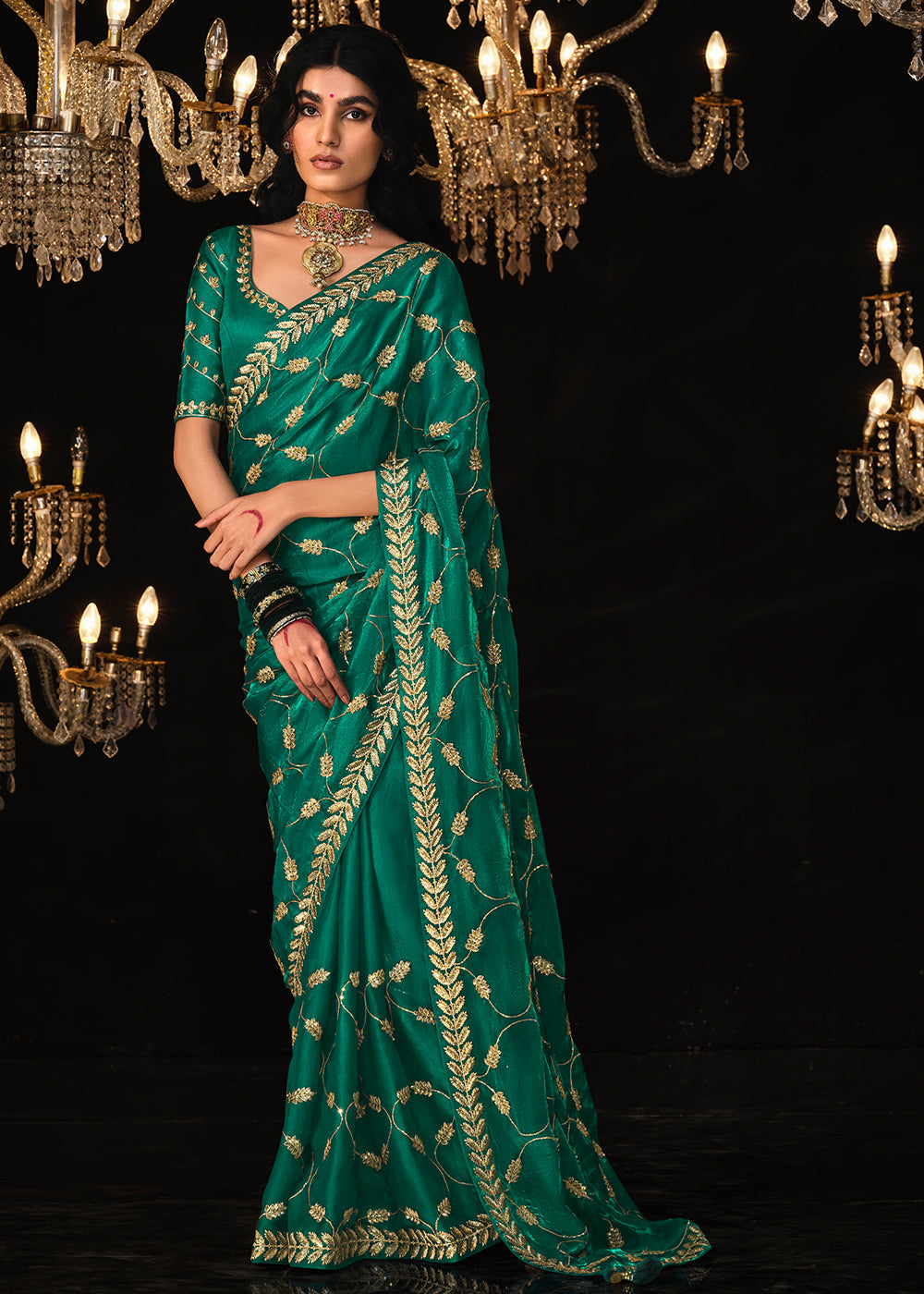 Genoa Green Embroidered Designer Satin Silk Saree