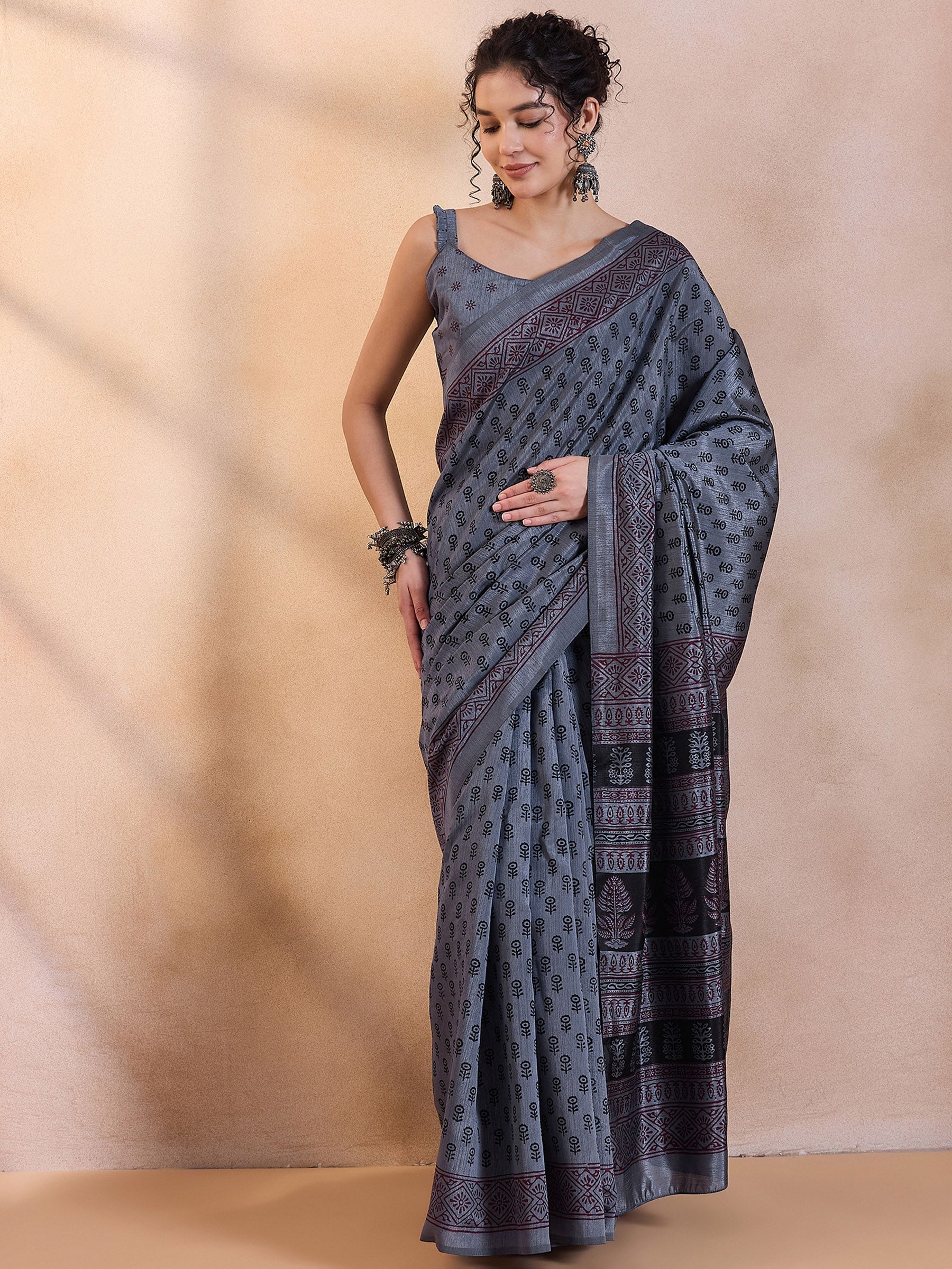 Shuttle Grey Printed Dola Silk Saree