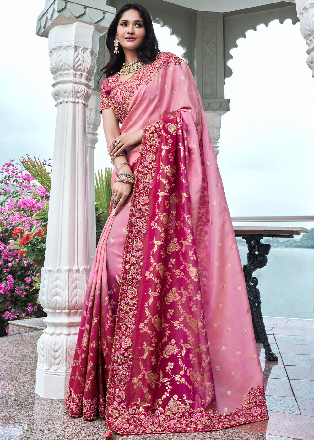 Nude Pink Embroidered Designer Silk Saree