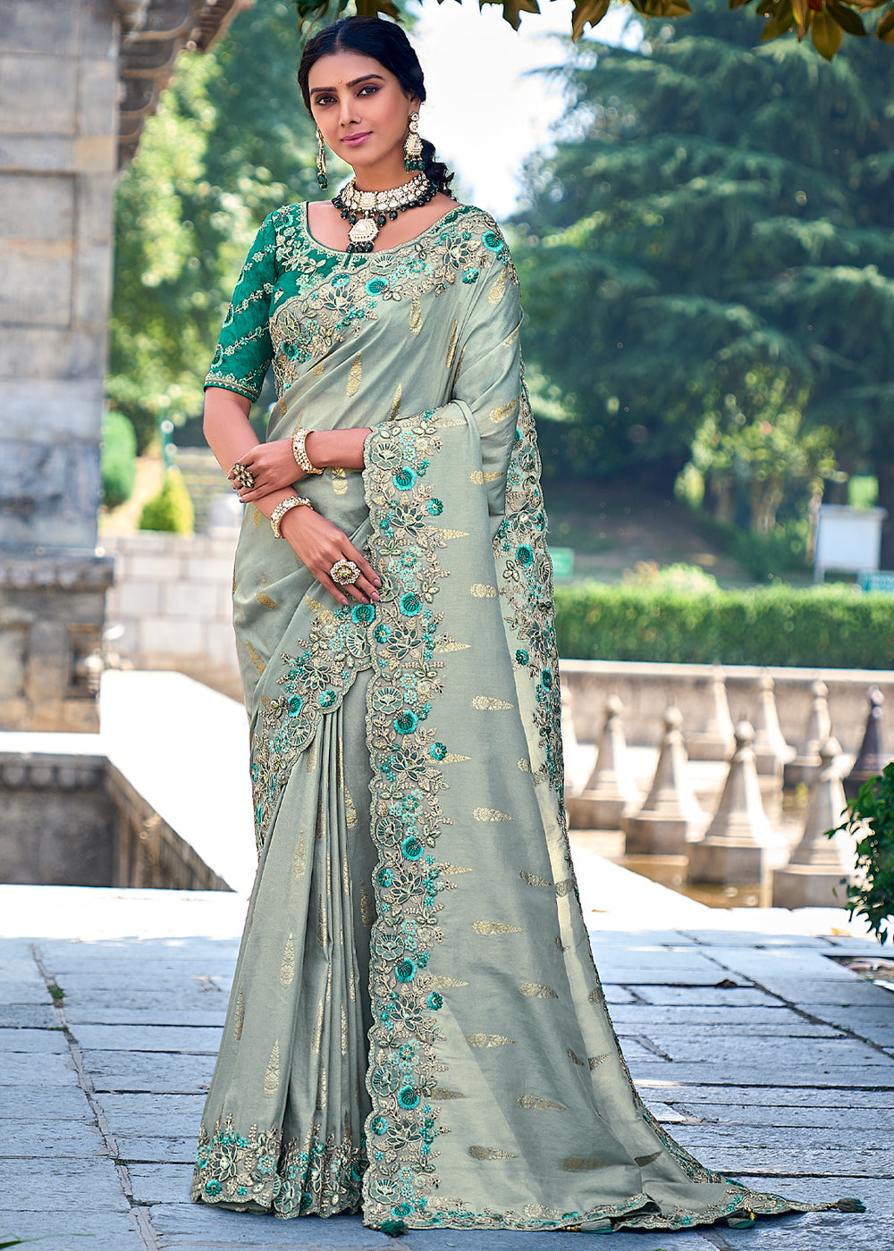 Opal Green Woven Designer Banarasi Embroidered Silk Saree