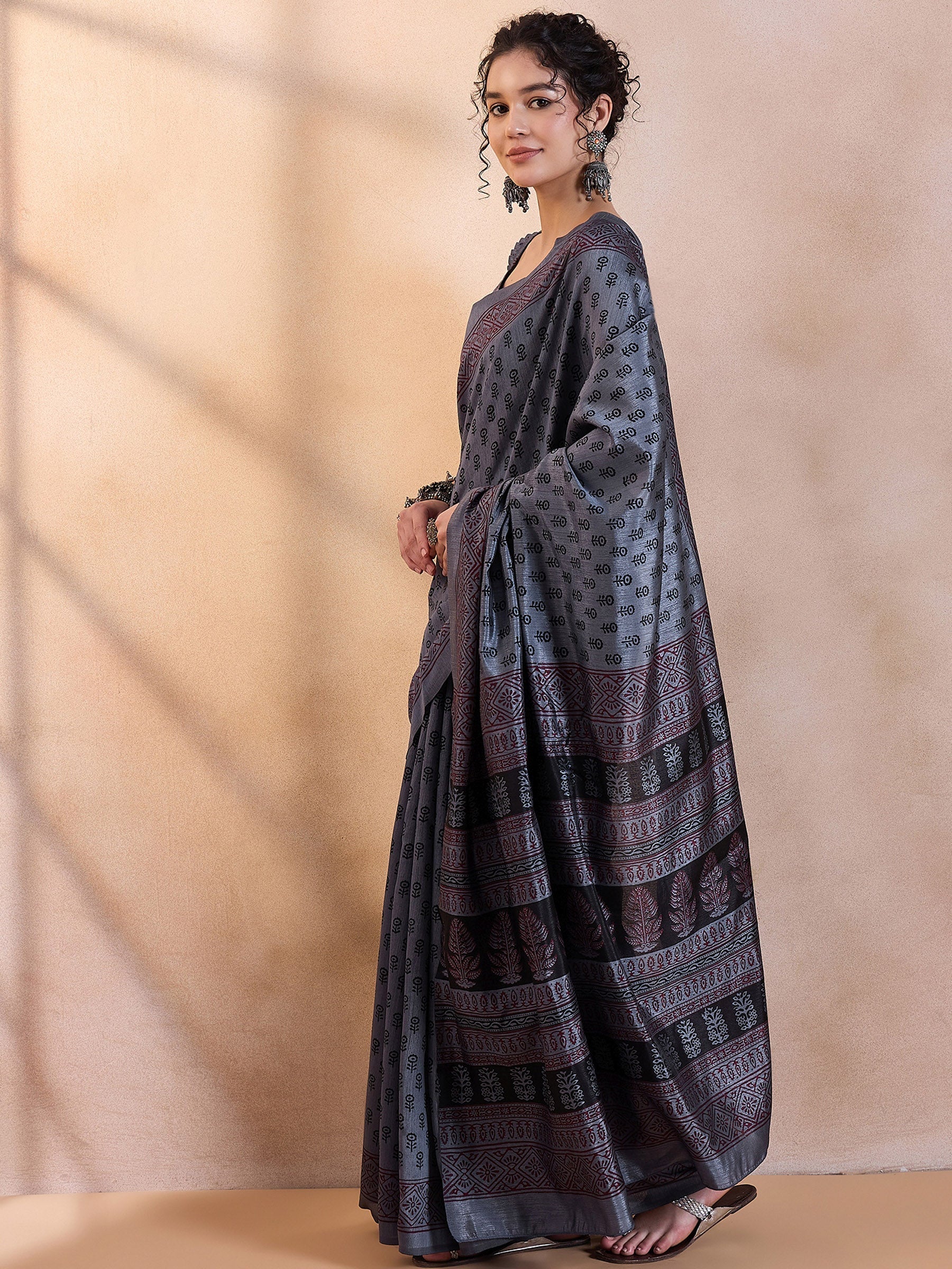 Shuttle Grey Printed Dola Silk Saree