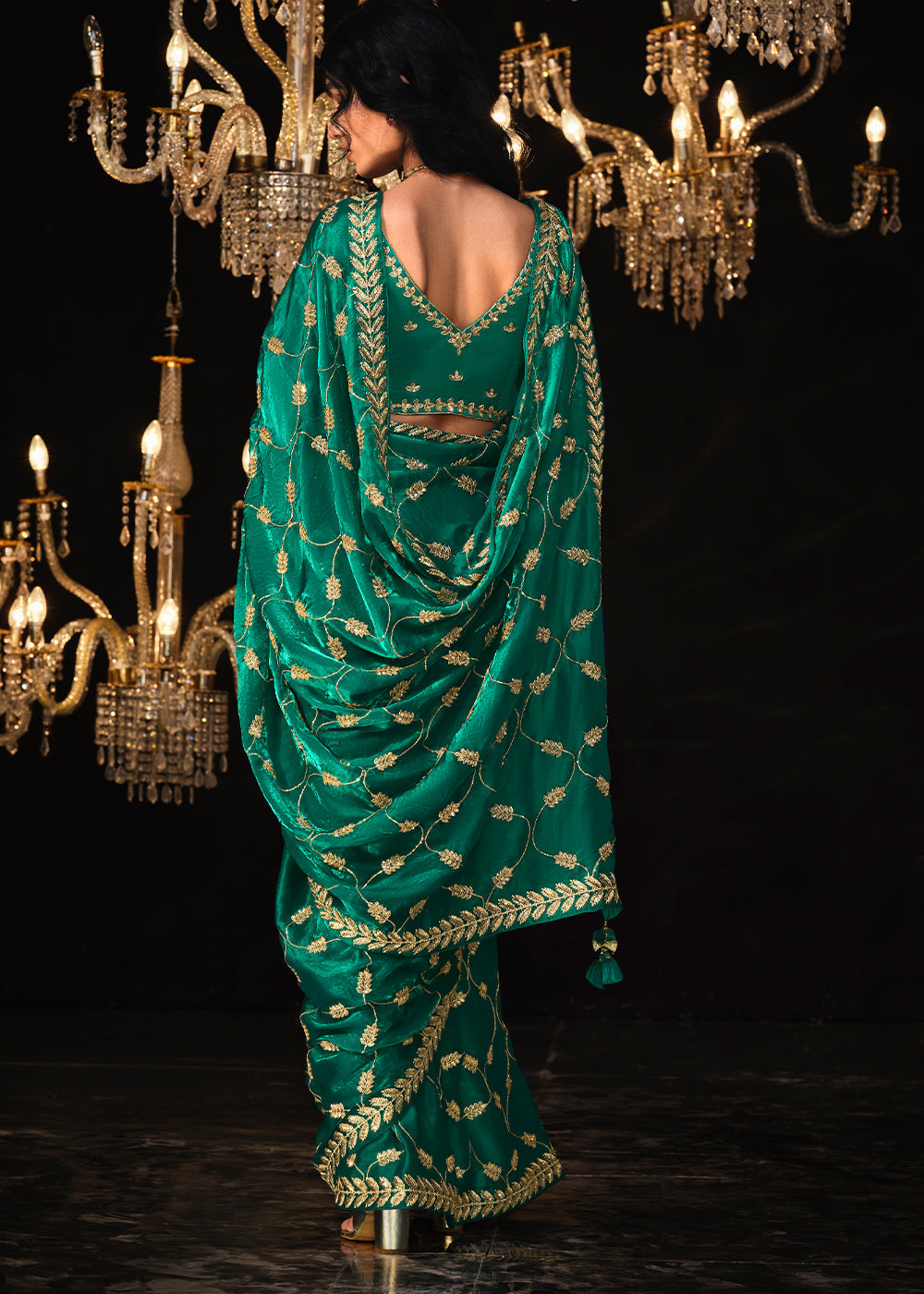 Genoa Green Embroidered Designer Satin Silk Saree