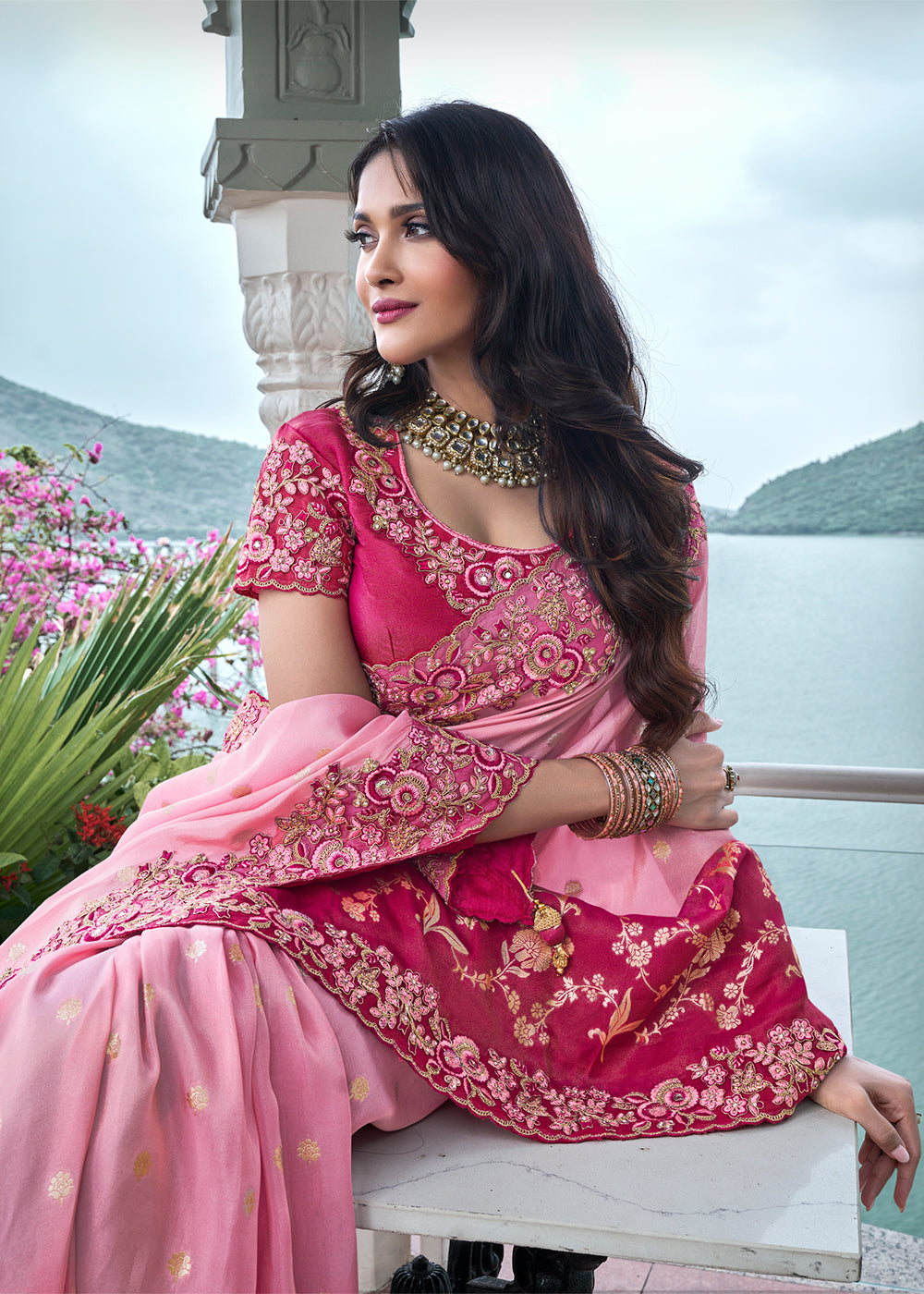 Nude Pink Embroidered Designer Silk Saree