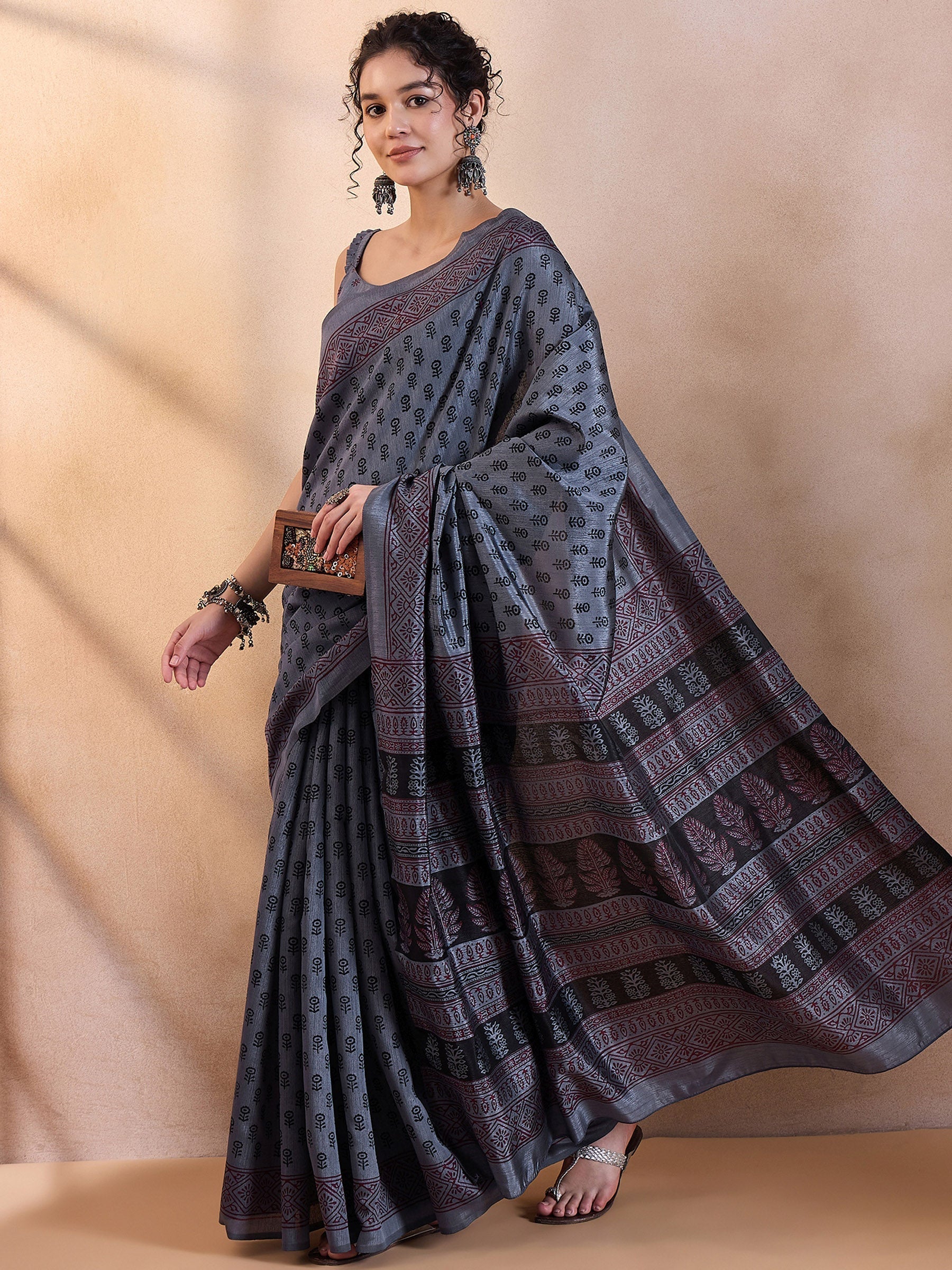 Shuttle Grey Printed Dola Silk Saree