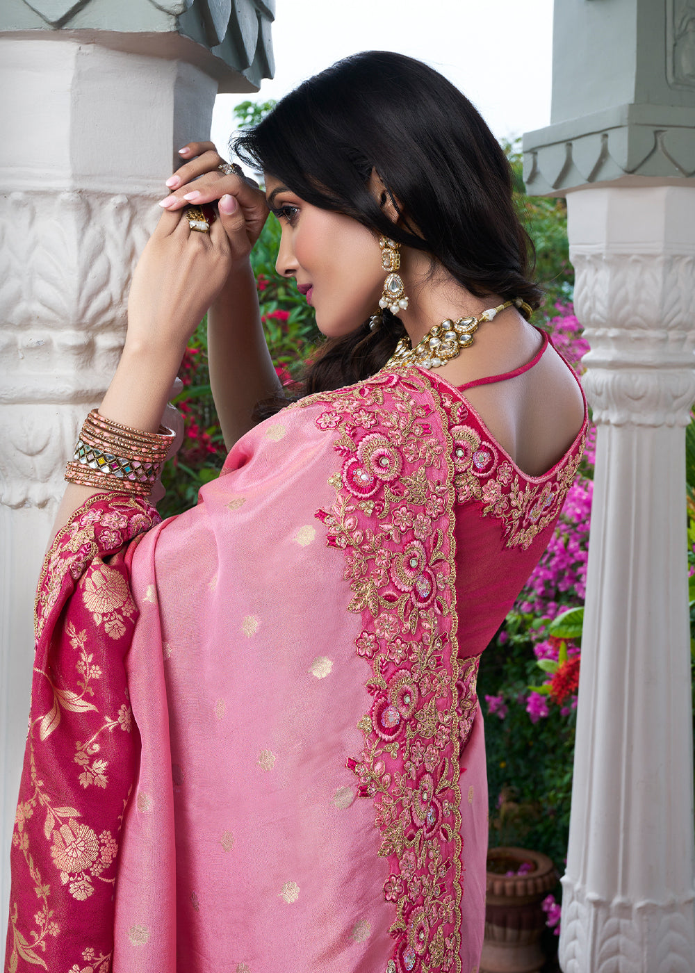 Nude Pink Embroidered Designer Silk Saree