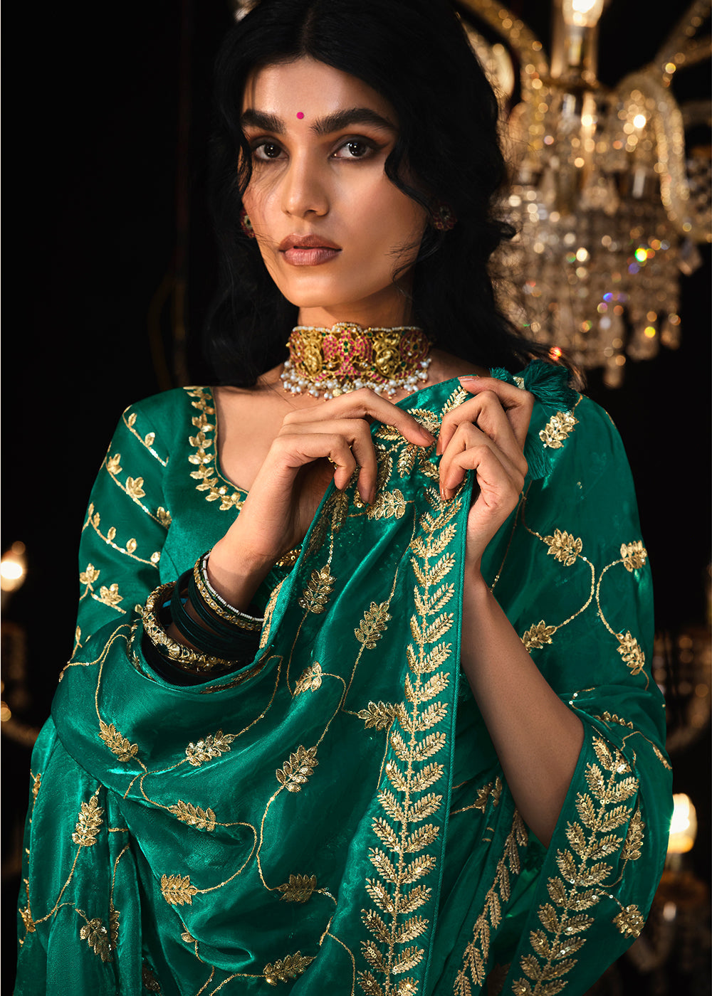 Genoa Green Embroidered Designer Satin Silk Saree