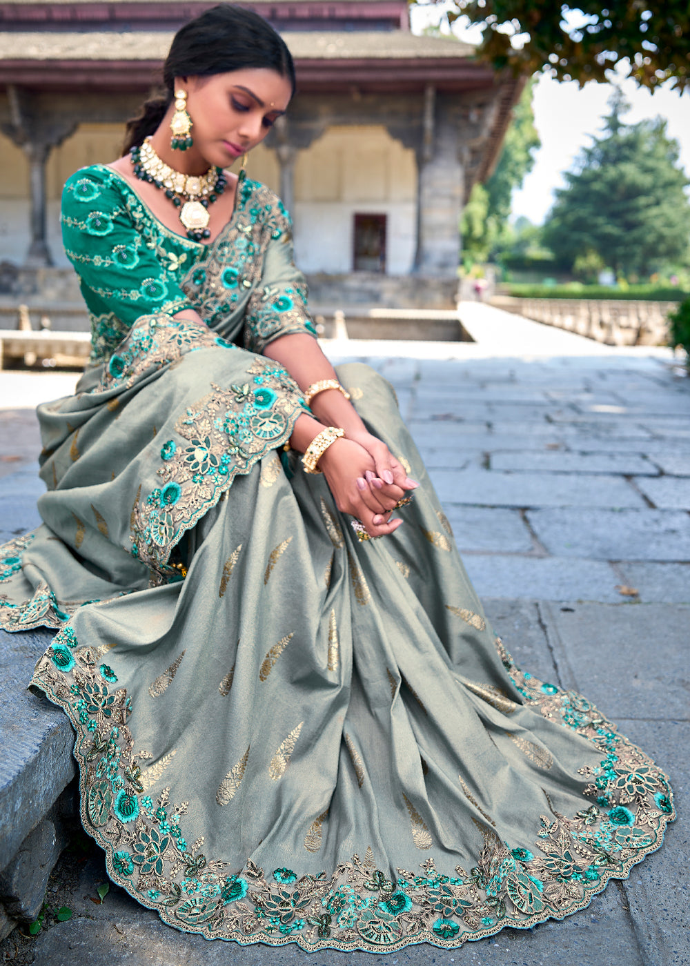 Opal Green Woven Designer Banarasi Embroidered Silk Saree