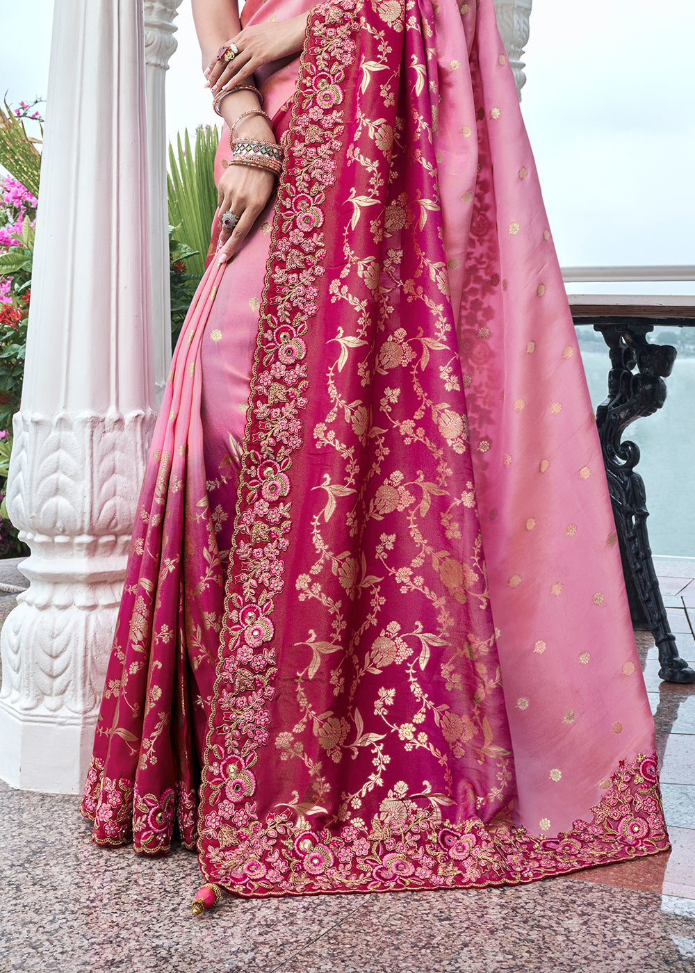 Nude Pink Embroidered Designer Silk Saree