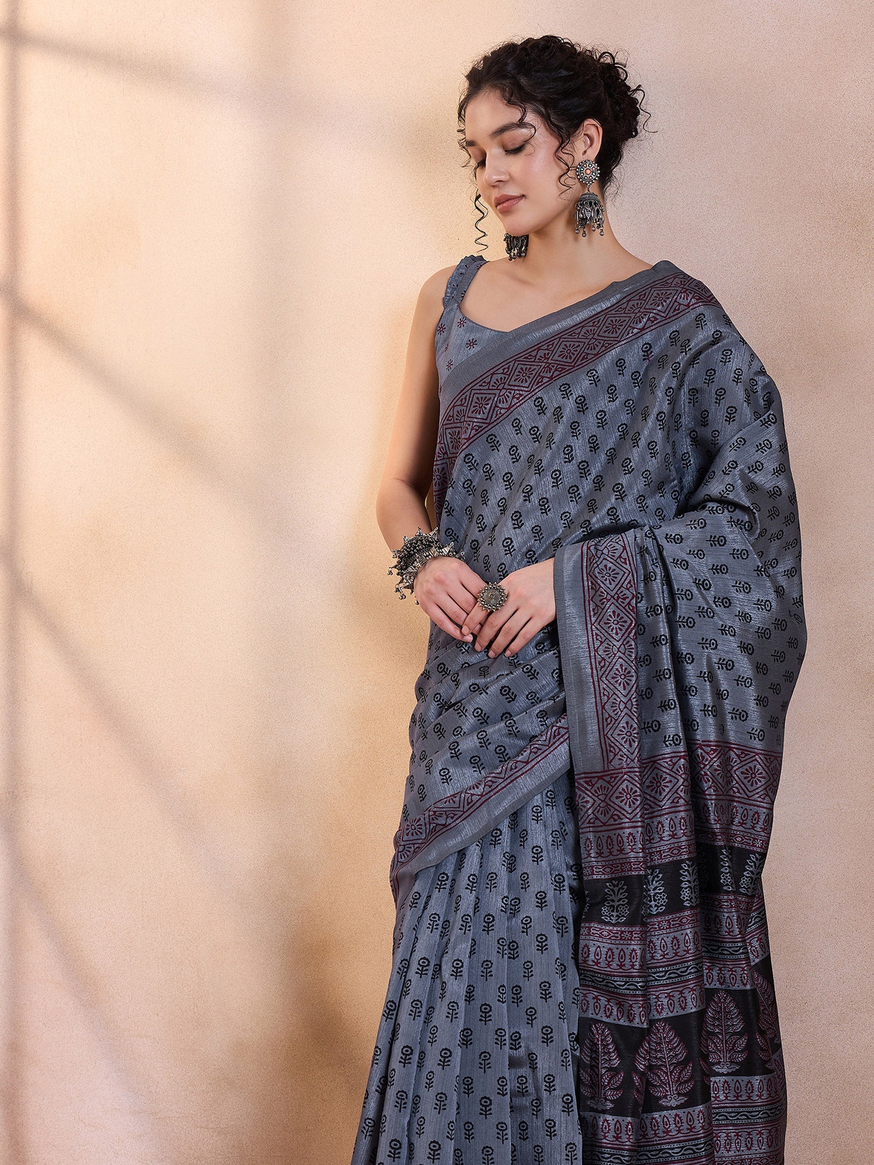 Shuttle Grey Printed Dola Silk Saree