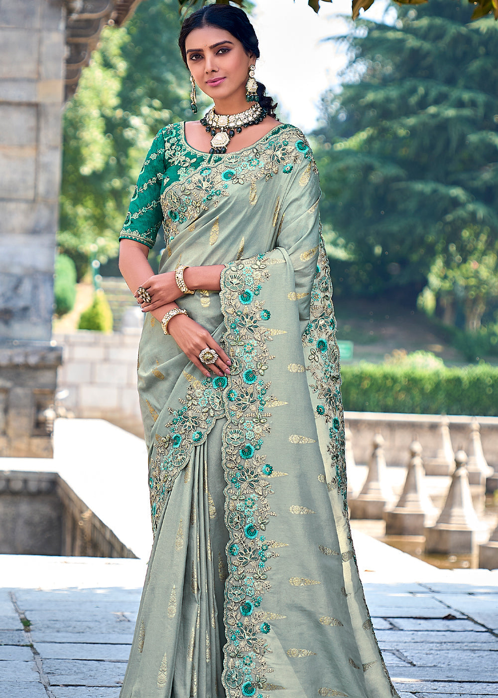 Opal Green Woven Designer Banarasi Embroidered Silk Saree