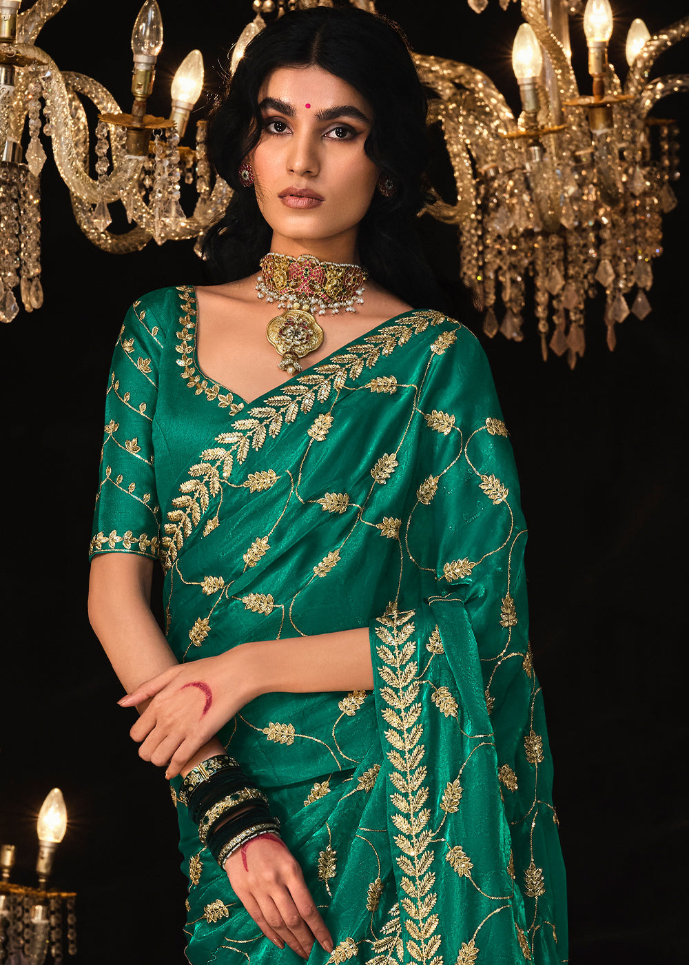 Genoa Green Embroidered Designer Satin Silk Saree