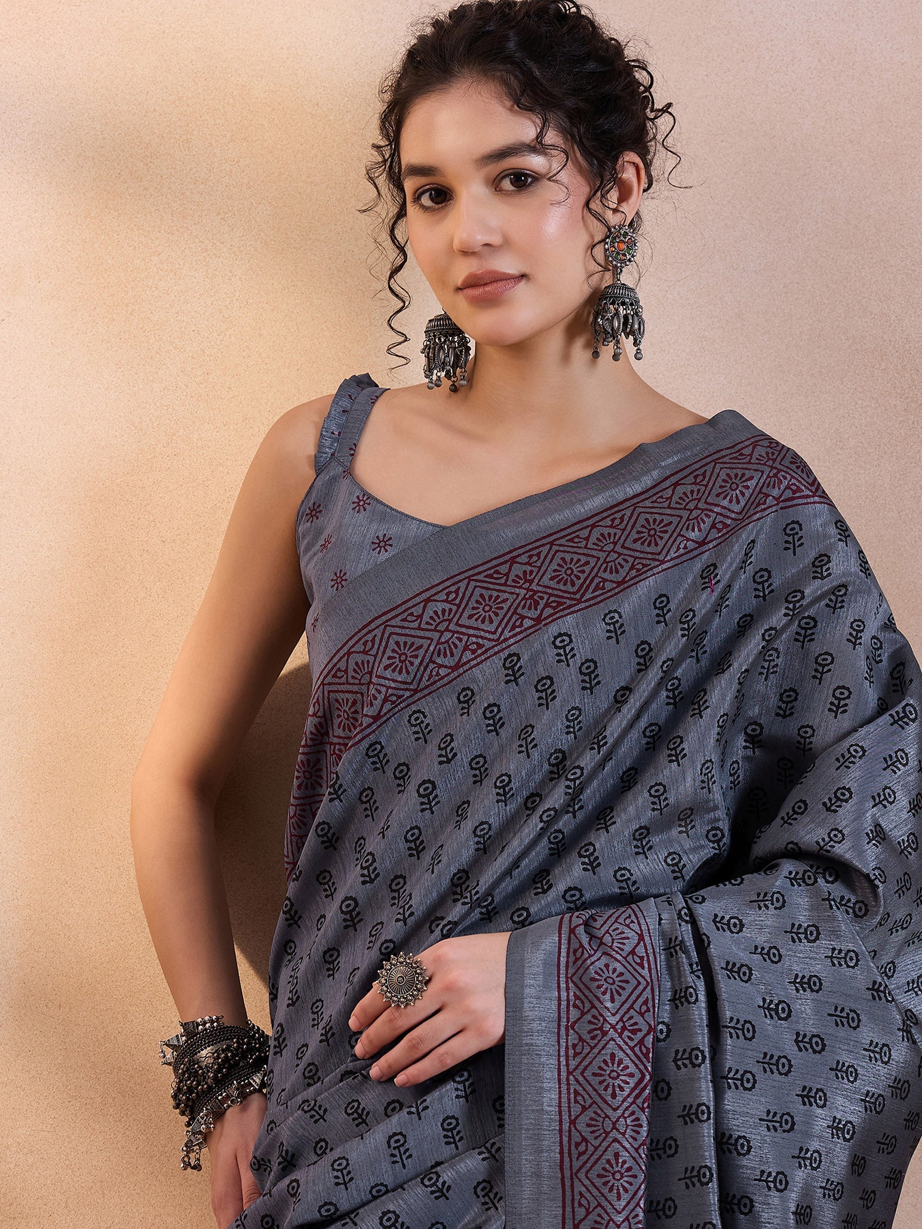 Shuttle Grey Printed Dola Silk Saree