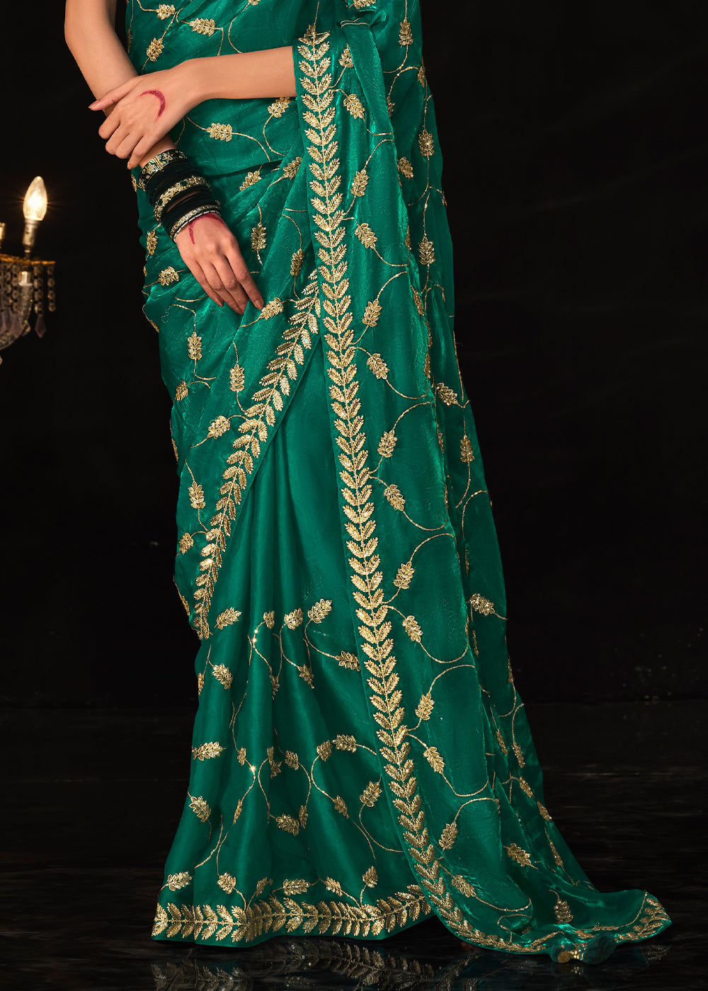 Genoa Green Embroidered Designer Satin Silk Saree