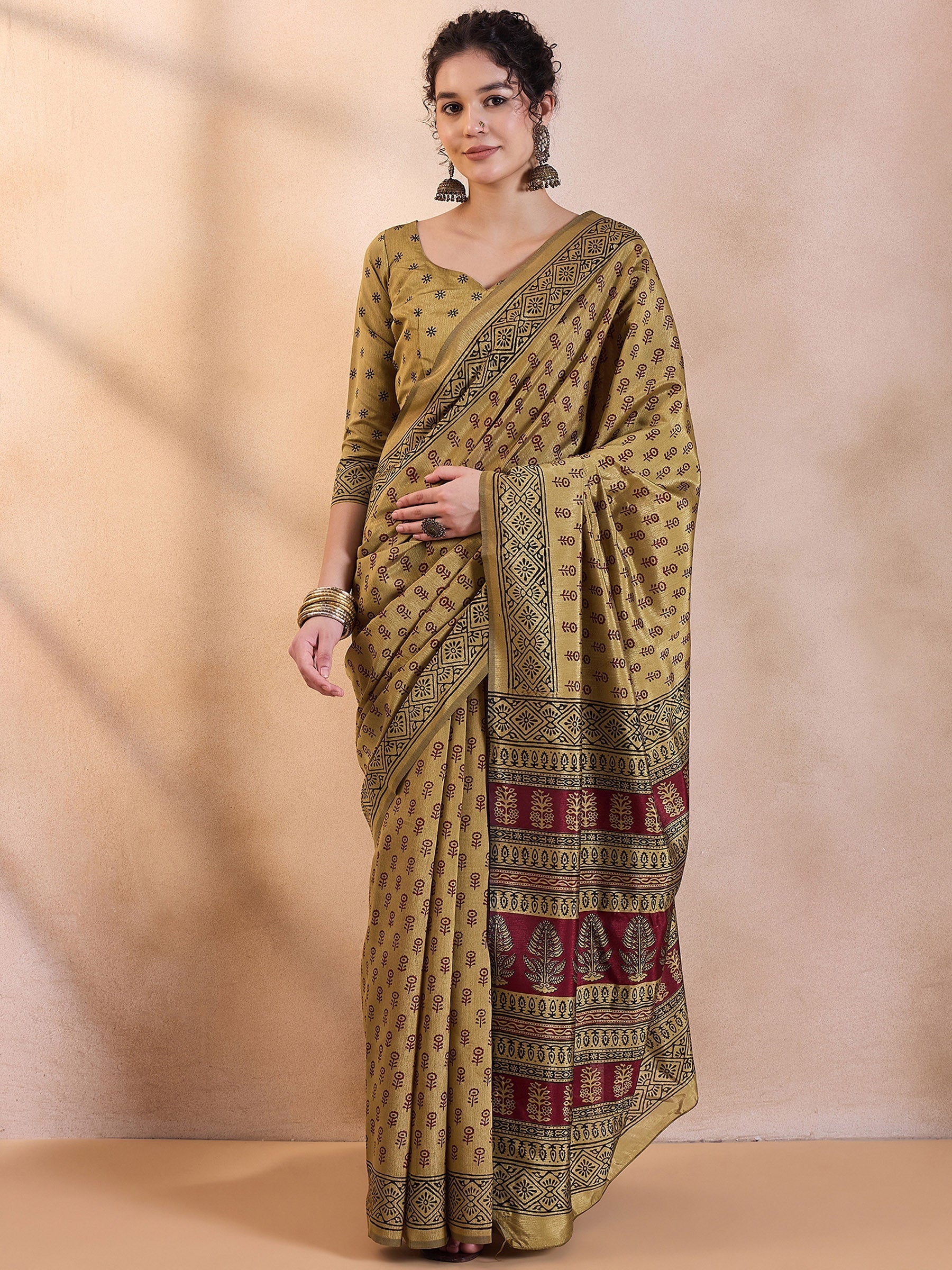 Aureolin Yellow Printed Dola Silk Saree