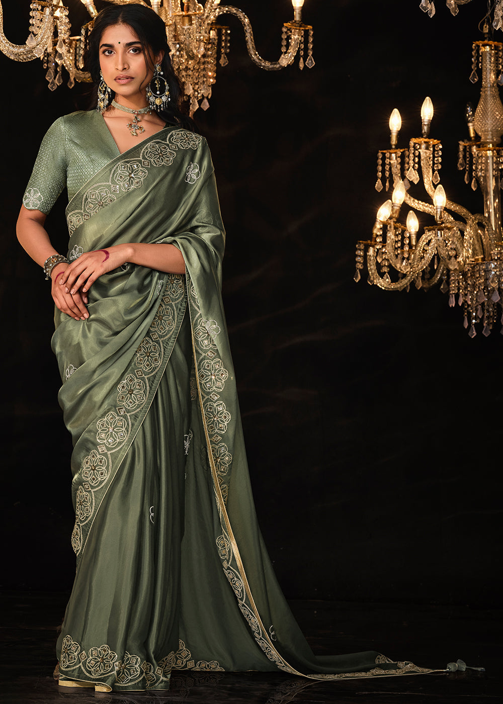 Siam Green Embroidered Designer Satin Silk Saree