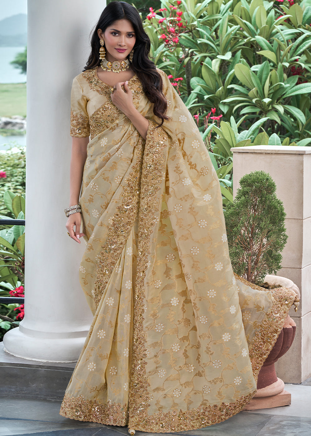 Bavarian Cream Embroidered Designer Silk Saree