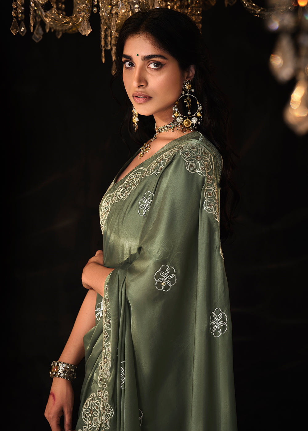 Siam Green Embroidered Designer Satin Silk Saree