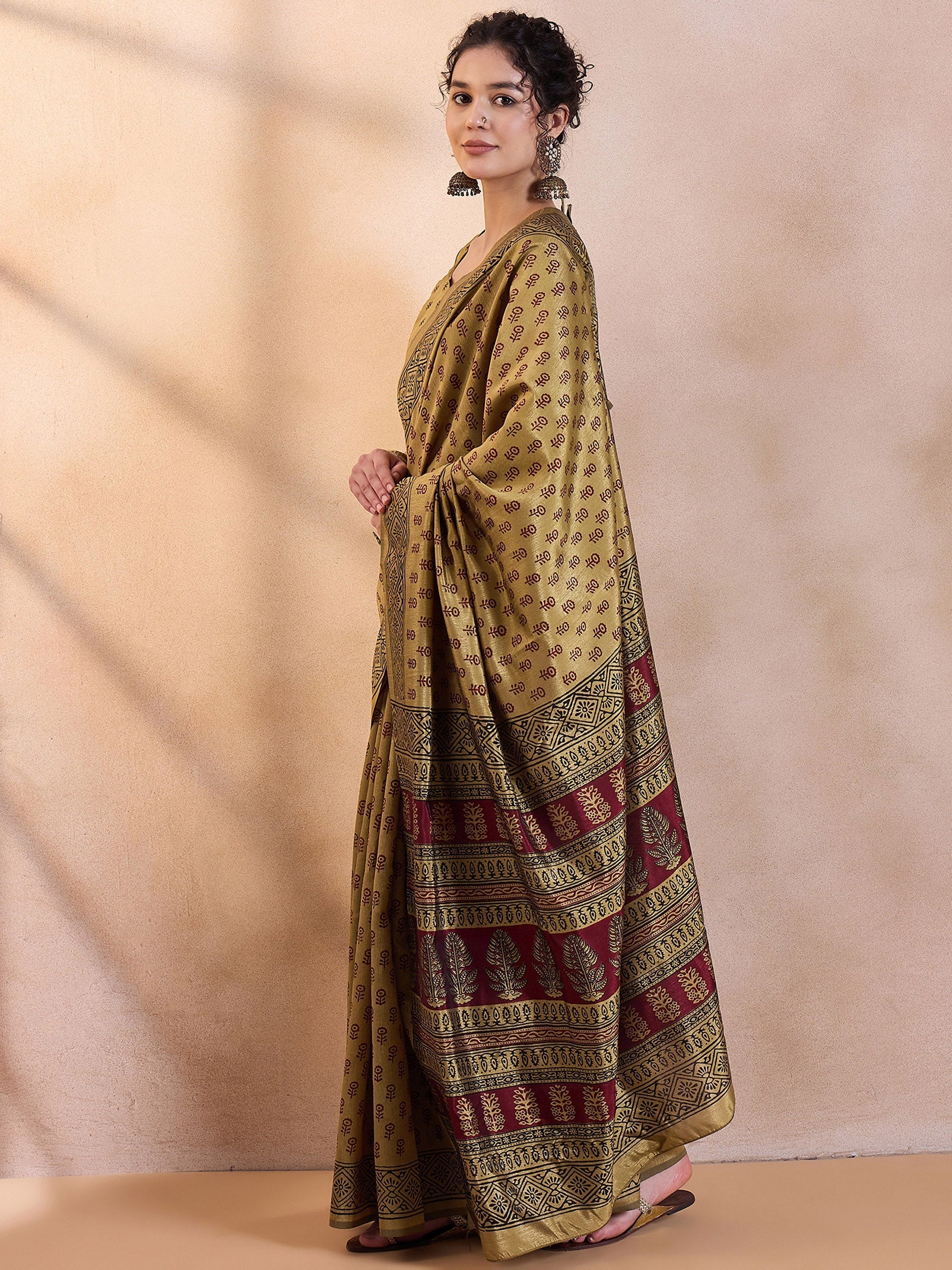 Aureolin Yellow Printed Dola Silk Saree