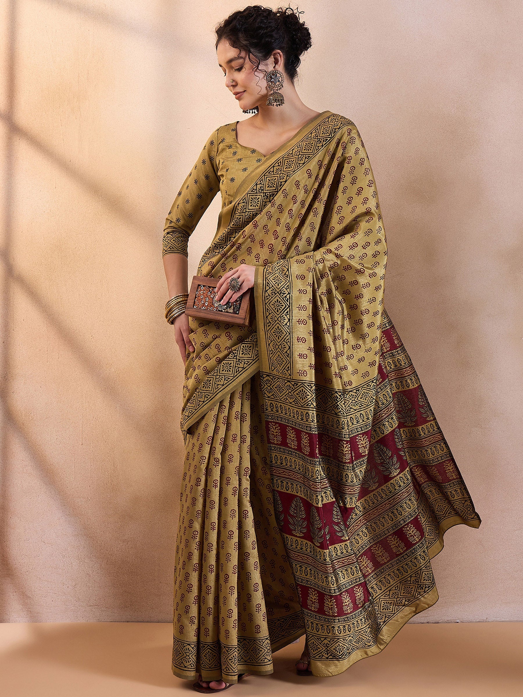 Aureolin Yellow Printed Dola Silk Saree