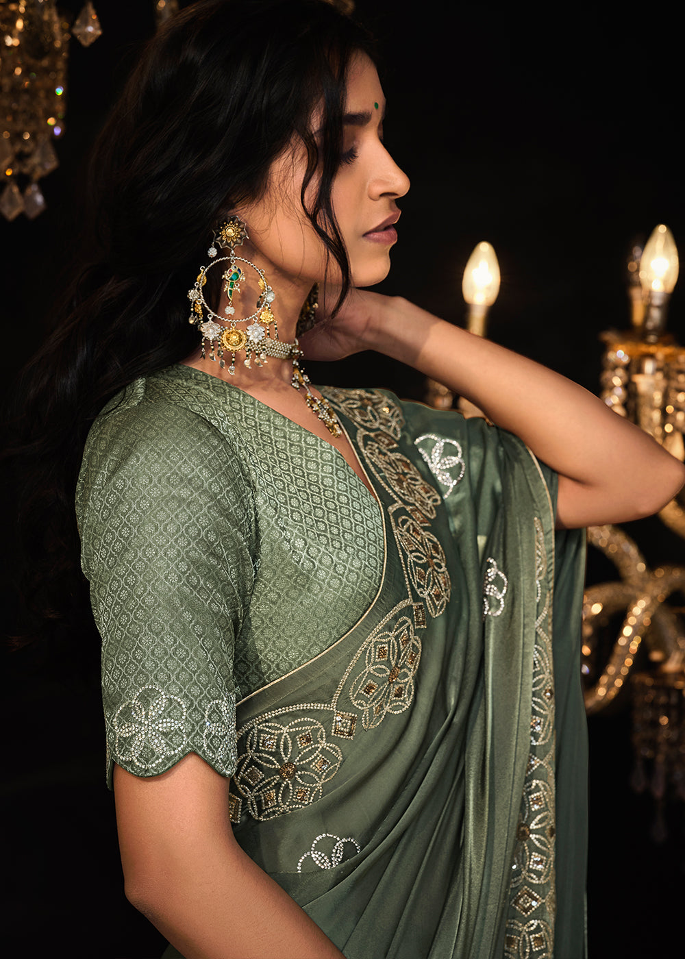 Siam Green Embroidered Designer Satin Silk Saree