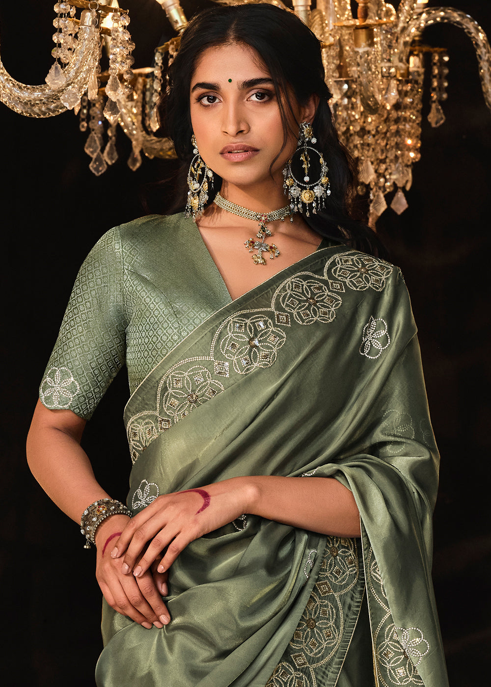 Siam Green Embroidered Designer Satin Silk Saree