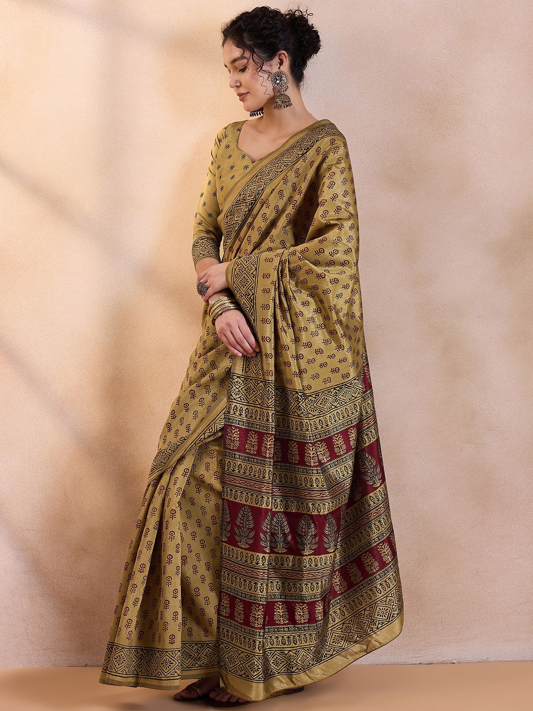 Aureolin Yellow Printed Dola Silk Saree