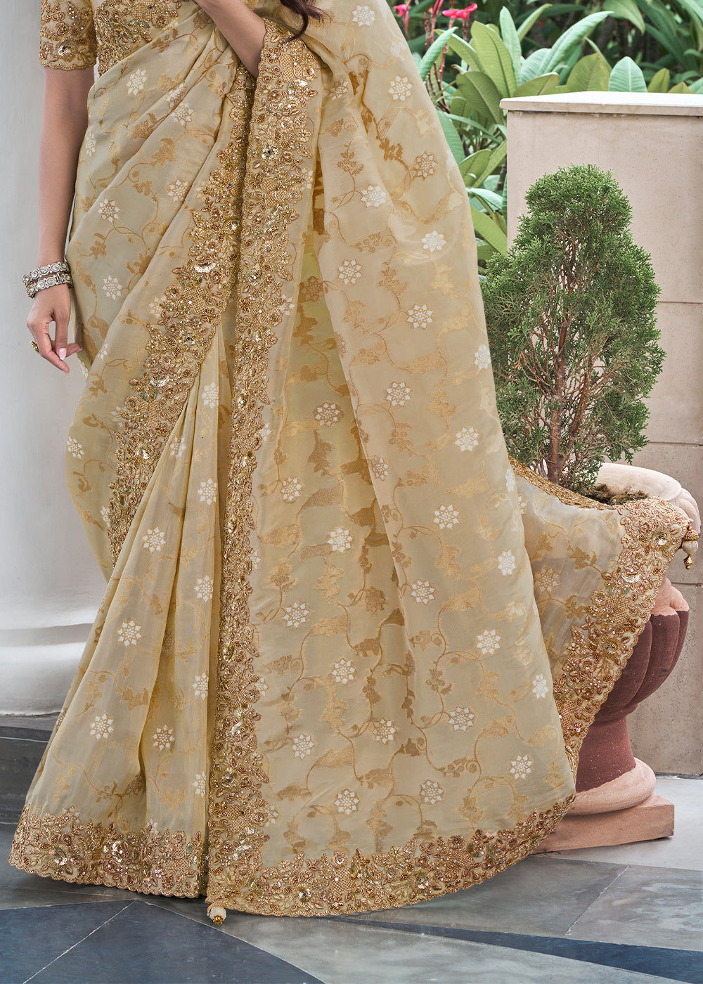 Bavarian Cream Embroidered Designer Silk Saree