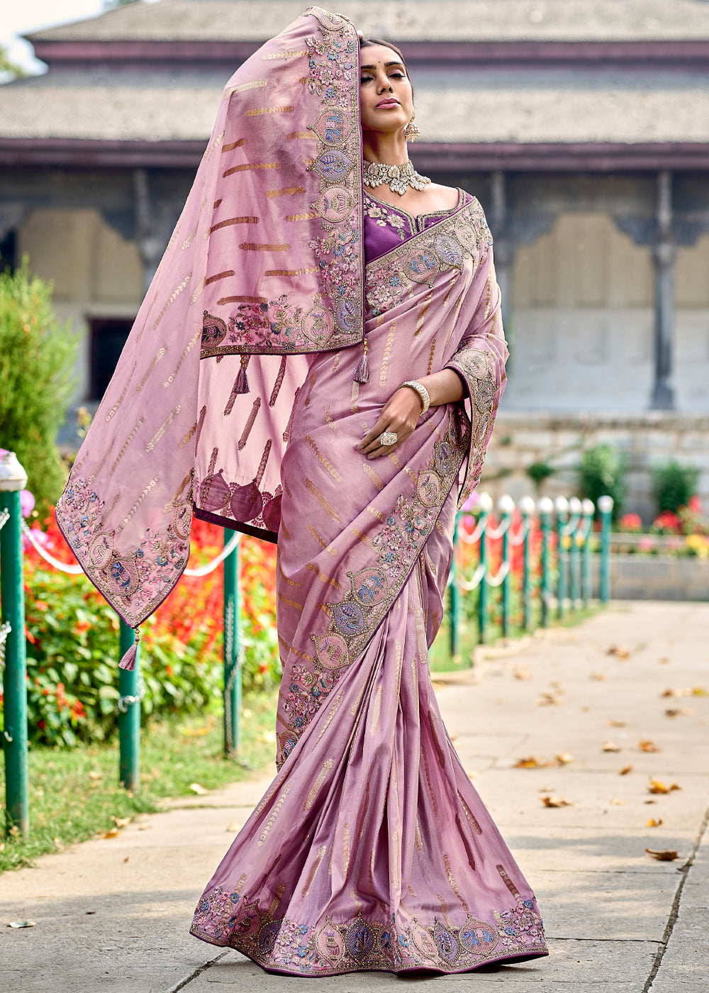 Persian Pink Woven Designer Banarasi Embroidered Silk Saree