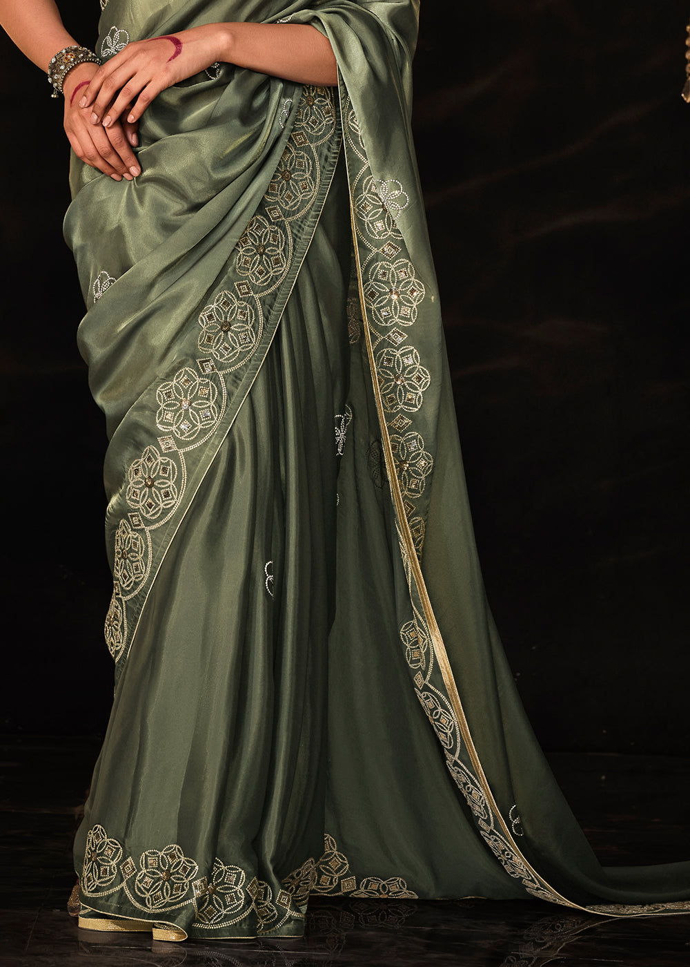 Siam Green Embroidered Designer Satin Silk Saree