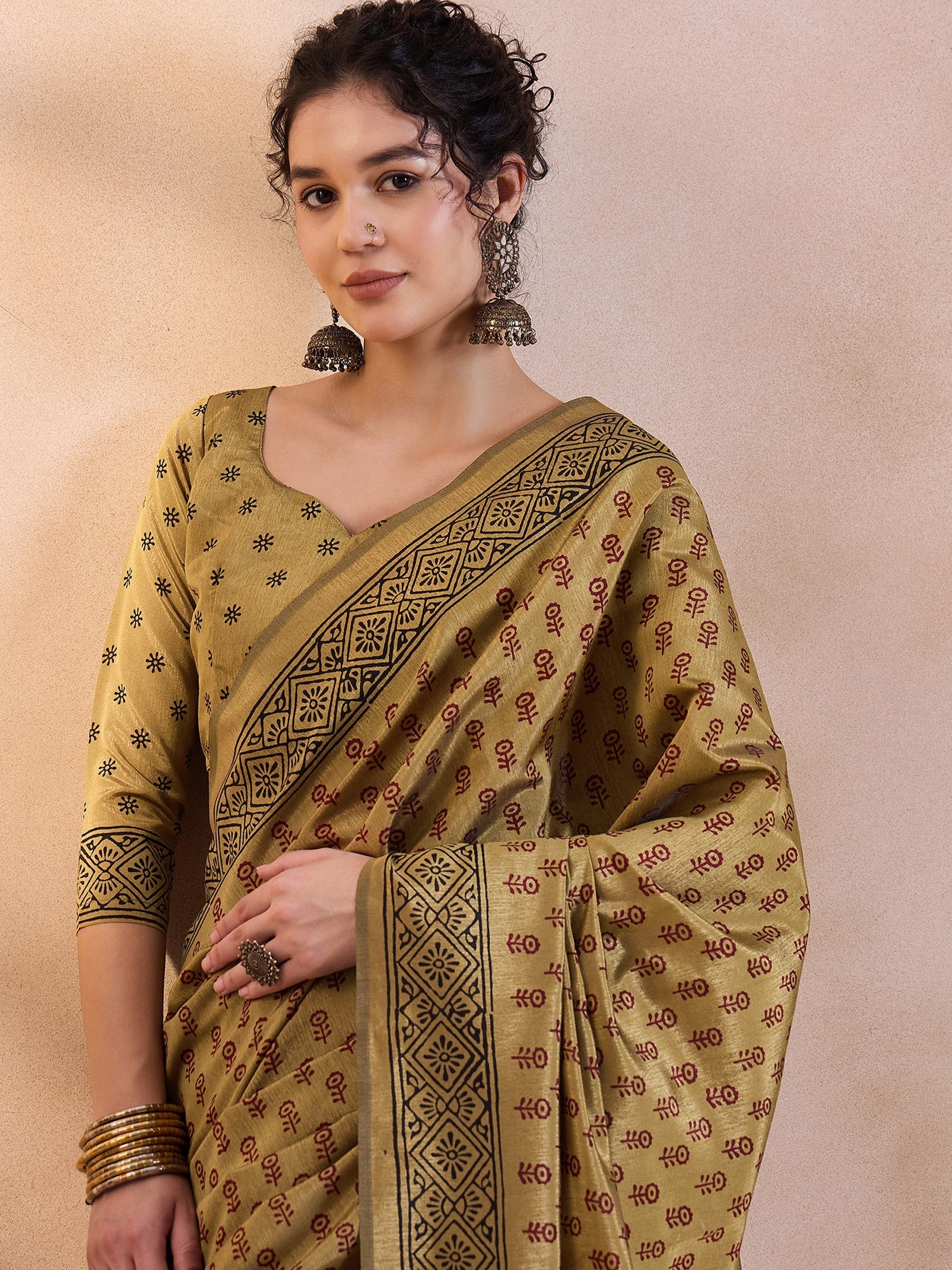 Aureolin Yellow Printed Dola Silk Saree