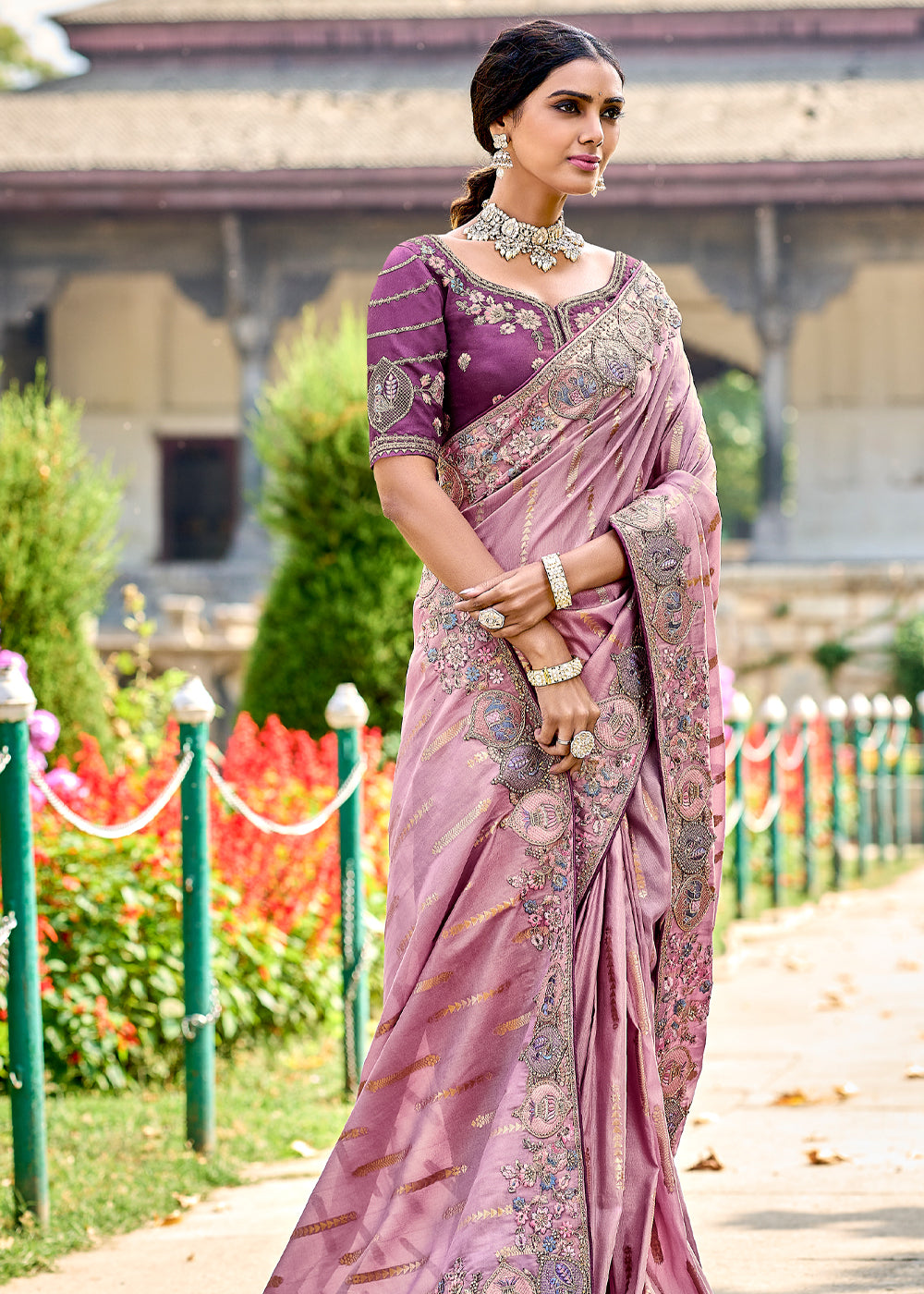 Persian Pink Woven Designer Banarasi Embroidered Silk Saree