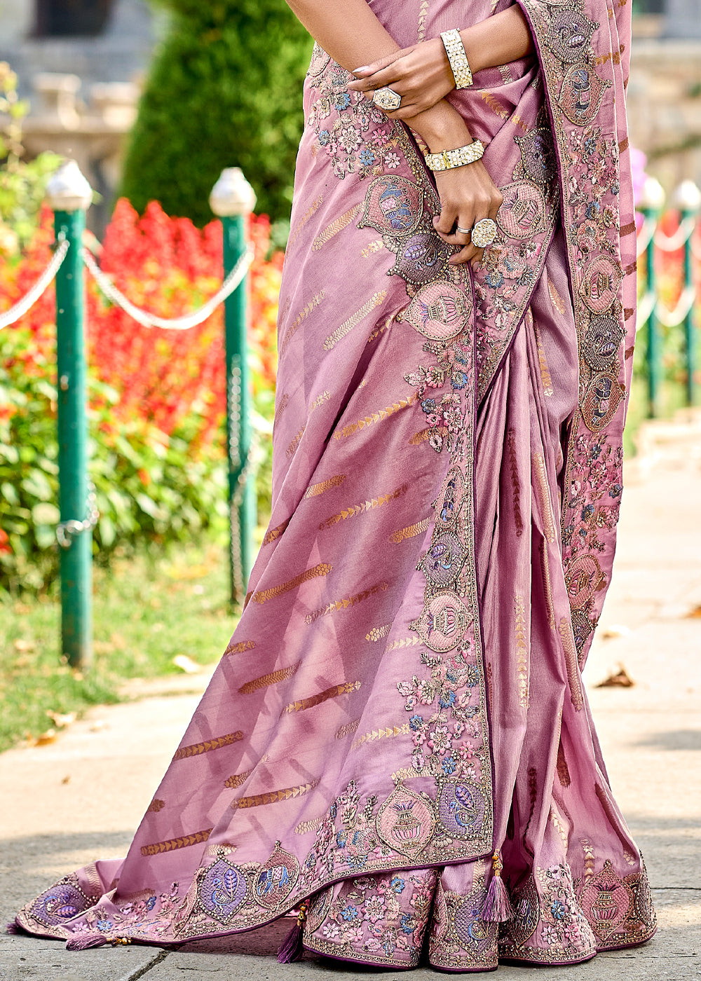 Persian Pink Woven Designer Banarasi Embroidered Silk Saree