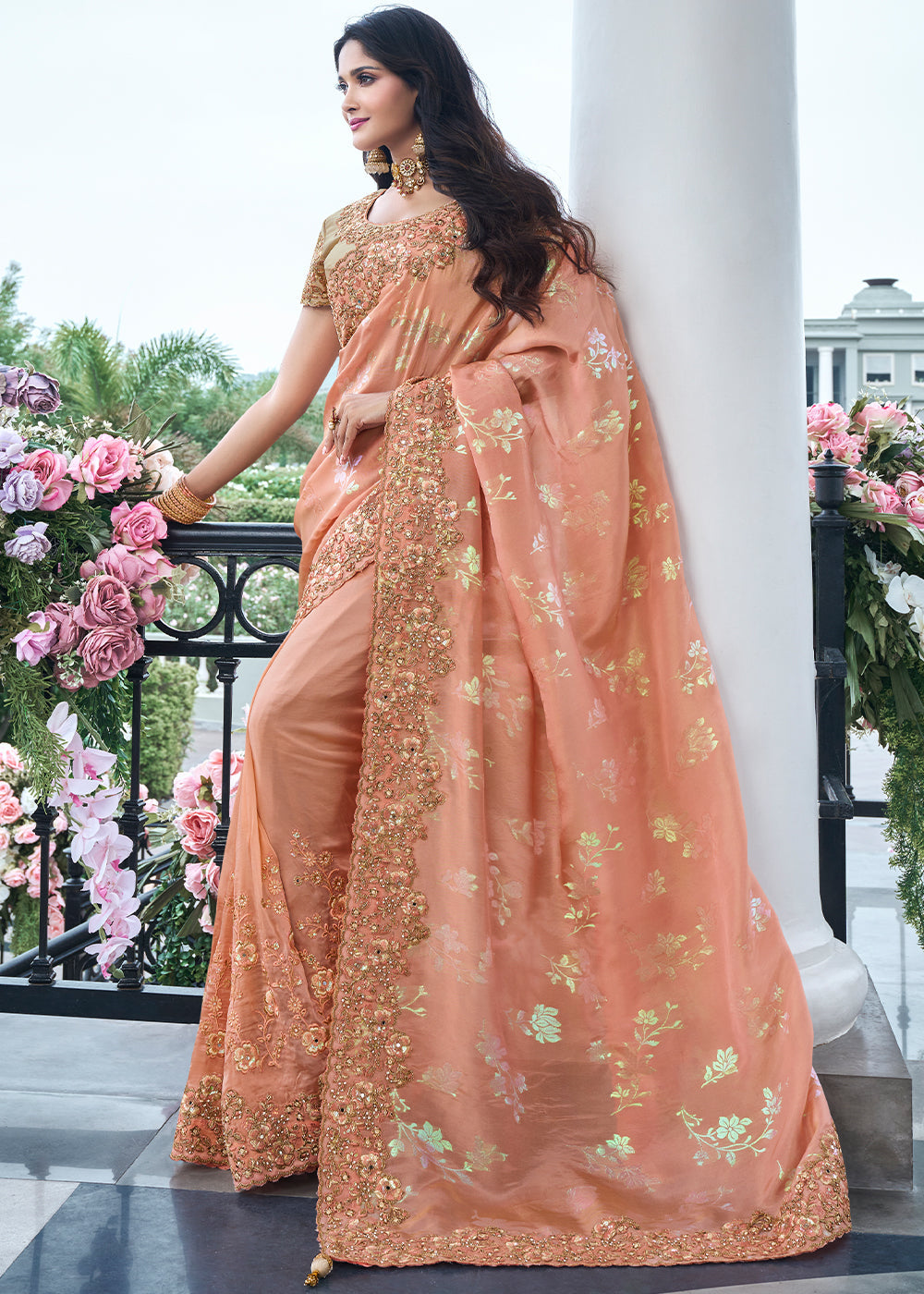 Cadellight Peach Embroidered Designer Silk Saree