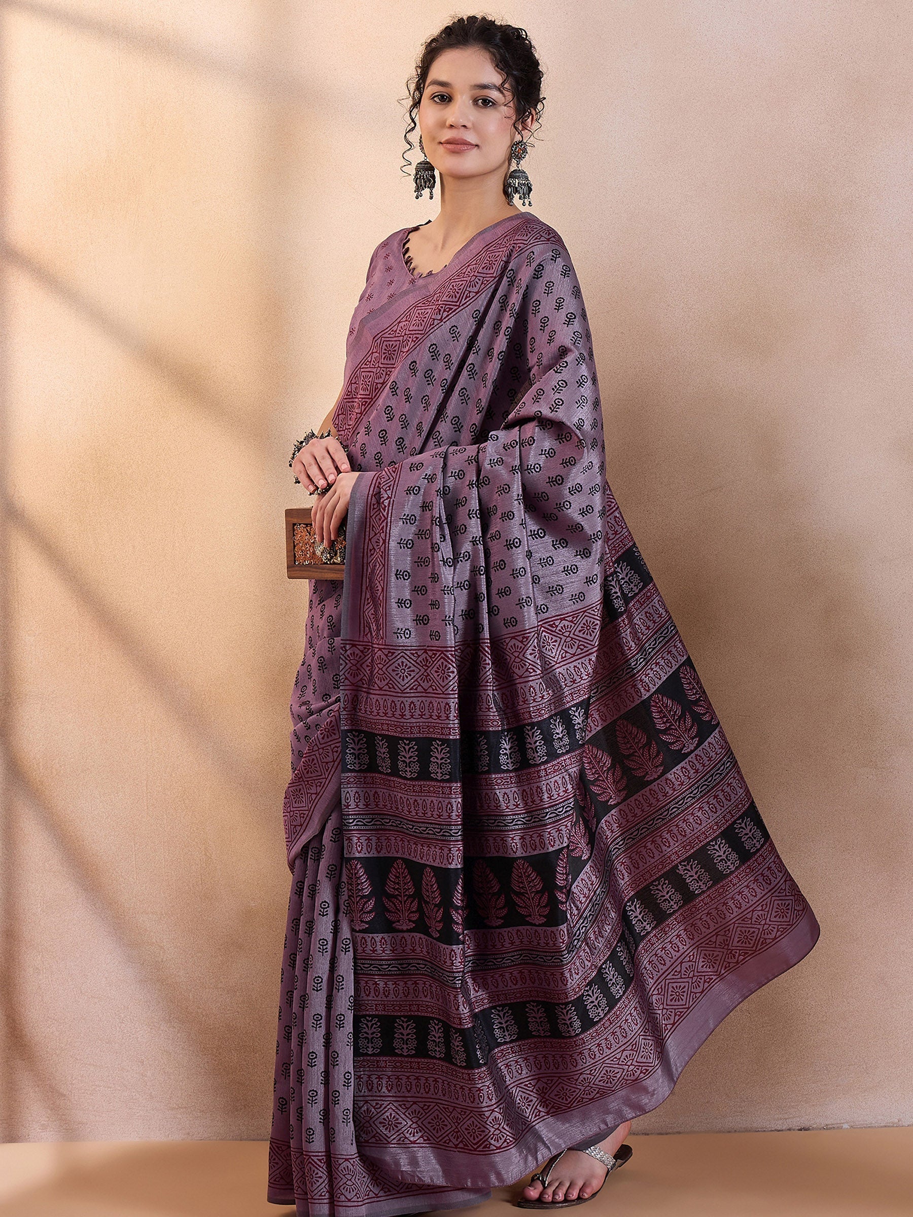 London Hue Purple Printed Dola Silk Saree