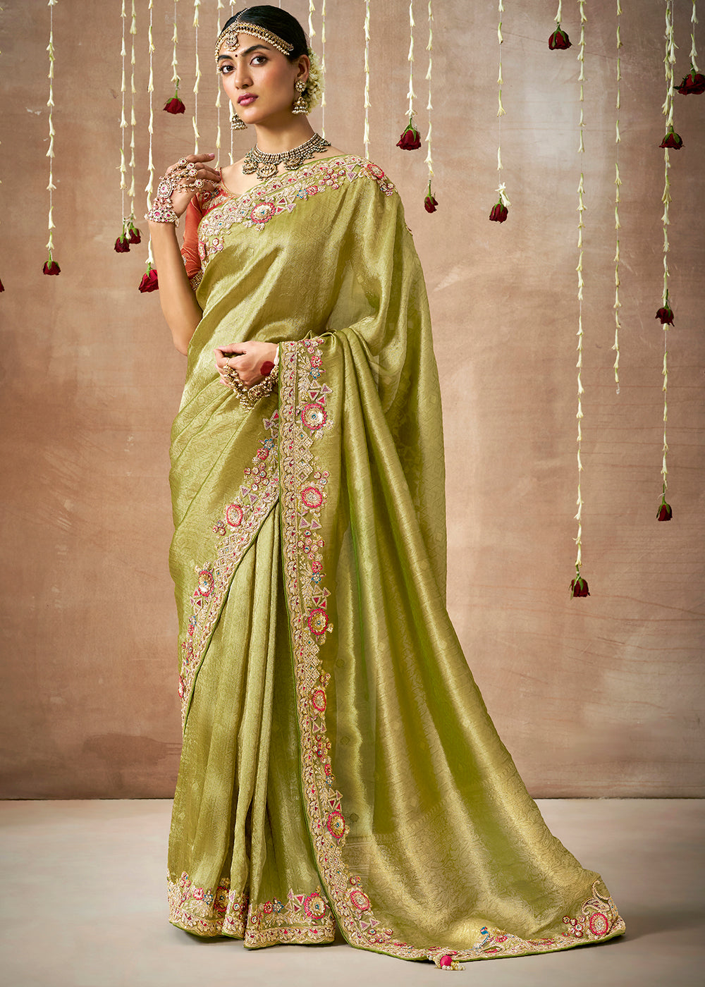 Pistachio Green  Zari Woven Embroidery Designer Tissue Dola Silk Saree